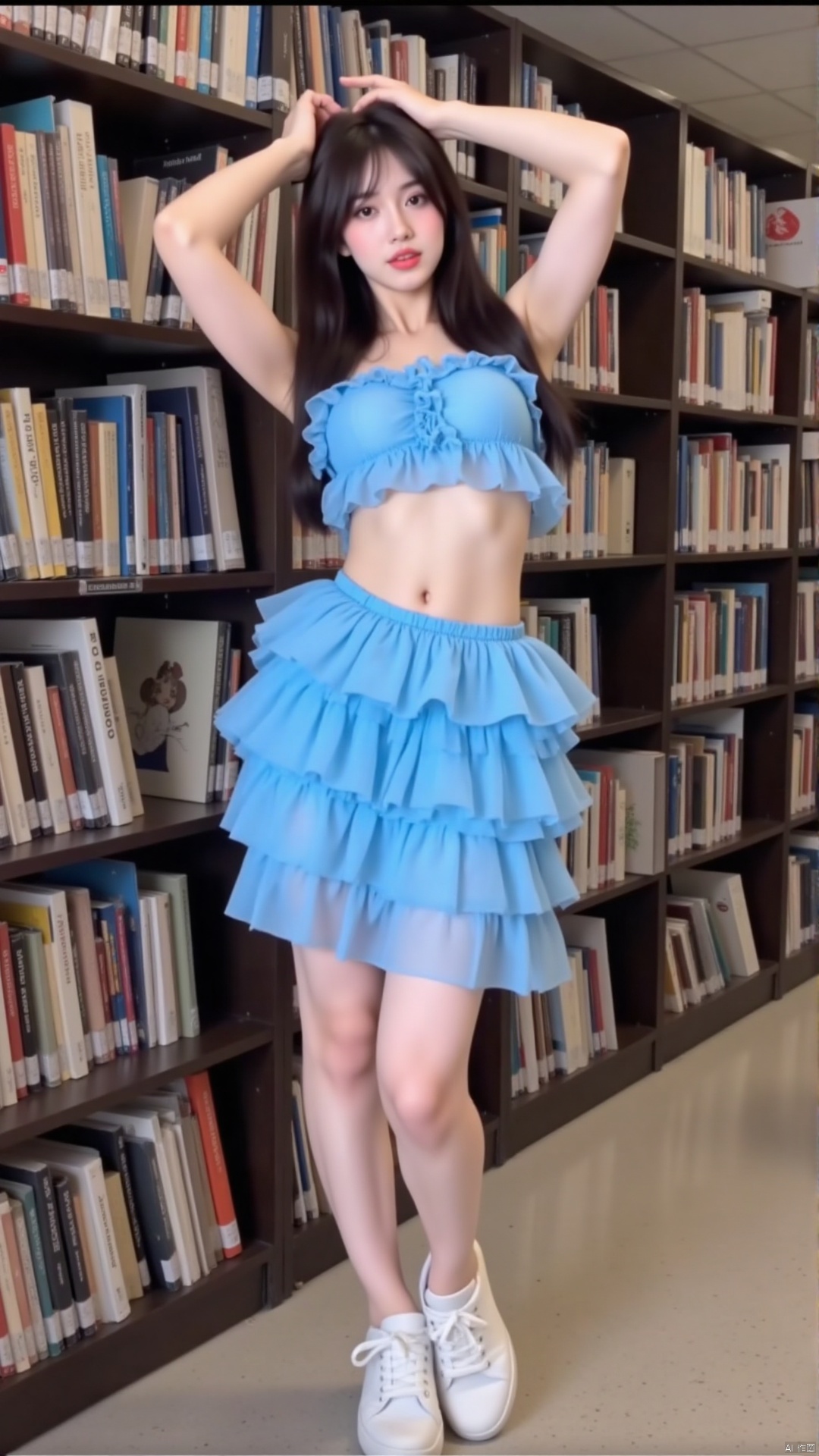 The image shows a young woman posing in front of a bookshelf. She is wearing a blue two-piece outfit with ruffles on the top and bottom. The outfit consists of a crop top and a skirt with multiple layers of ruffled layers. The woman has long dark hair and is wearing white sneakers. She has her arms stretched above her head and is looking directly at the camera with a seductive expression. The background is blurred, but it appears to be a library or study area with bookshelves.