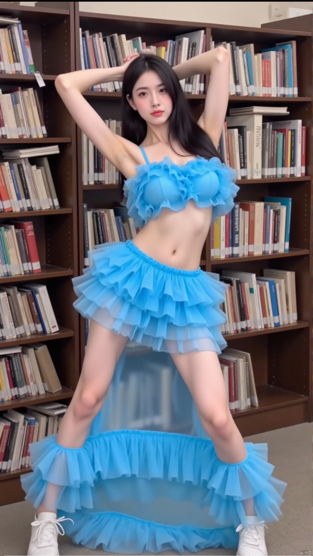 The image shows a young woman posing in front of a bookshelf. She is wearing a blue two-piece outfit with ruffles on the top and bottom. The outfit consists of a crop top and a skirt with multiple layers of ruffled layers. The woman has long dark hair and is wearing white sneakers. She has her arms stretched above her head and is looking directly at the camera with a seductive expression. The background is blurred, but it appears to be a library or study area with bookshelves.