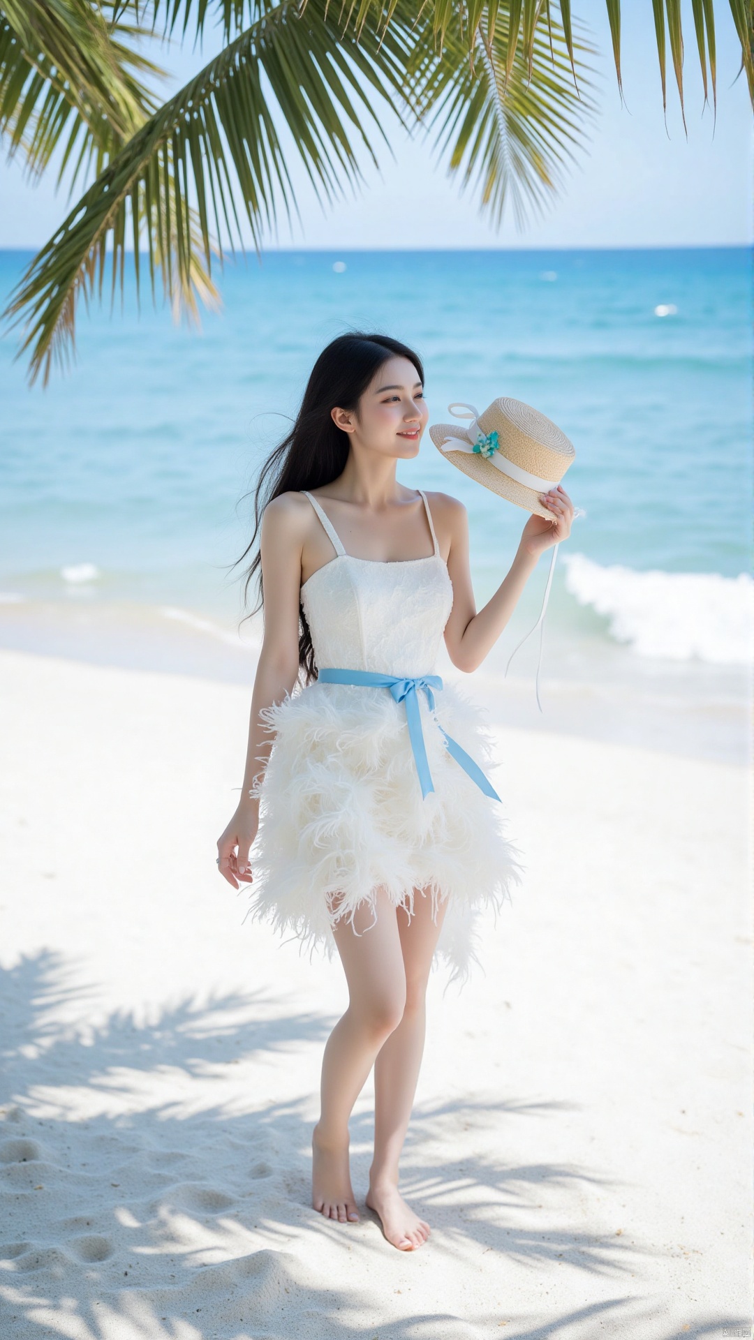 A young Chinese girl, slender and graceful, sports long, sleek black hair that curls at the ends. Her fair, glowing skin blushes slightly from the sun and sea breeze. With an oval face, bright almond eyes, a straight nose, and a sweet - smiling pink - lipped mouth, she exudes charm.
She wears a short white feather dress. The square - neck shows her collarbones, and puffed sleeves add playfulness. The irregular hem's feathers sway in the wind. A thin blue ribbon around her waist adds a pop of color.
Standing on a white sandy beach, she faces the vast blue sea. Waves crash, and coconut trees sway. She holds a beige straw hat with a white - ribbon - and - blue - flower decoration, gently tucking hair behind her ear, smiling blissfully at the sea.
