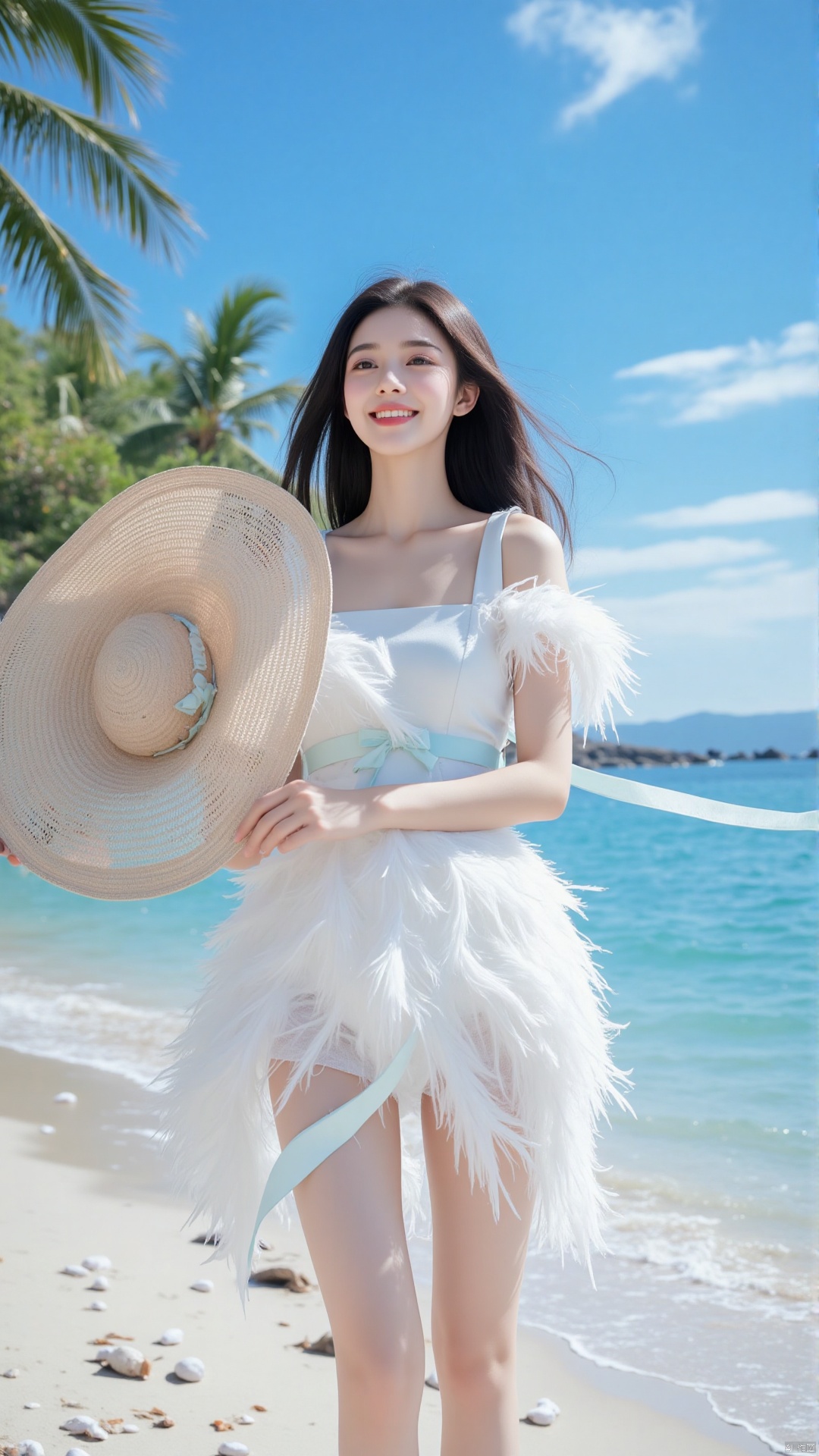 A Chinese girl in her twenties, slender and elegant, flaunts long, lustrous black hair. Her fair complexion has a sun - kissed glow. With an oval face, almond - shaped eyes beaming with vitality, a straight nose, and a radiant smile, she's captivating.
She's dressed in a short white feather dress. Its square neckline reveals her delicate collarbones, and ruffled sleeves bring a touch of romance. Feathers on the uneven hem flutter in the sea breeze. A pale blue sash around her waist adds a fresh accent.
On a pristine beach, she stands near the shimmering blue sea. The sky is a clear blue with wispy clouds. Seashells dot the sand, and palm trees rustle gently. She holds a wide - brimmed straw hat, hair flying as she smiles brightly at the ocean