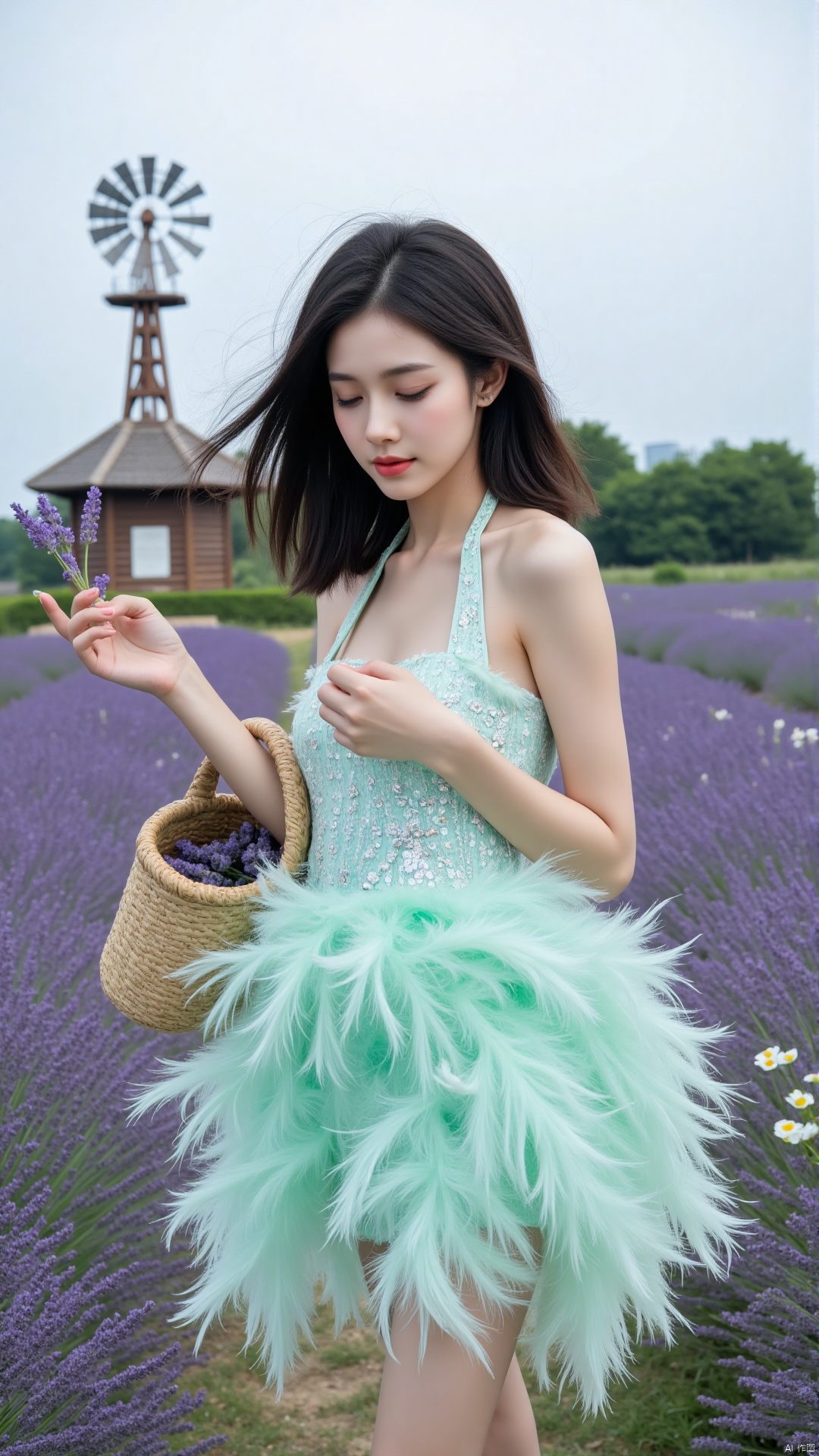 A young Chinese woman with shoulder - length, jet - black hair, her skin a warm, honey - toned complexion, stands out. Her round face is adorned with big, bright eyes, like dark, glistening jewels, a straight nose, and full lips painted a soft coral.
She's wearing a knee - length, mint - green feather dress. The dress has a halter - neck design, highlighting her slender neck and toned shoulders. The feathers are fluffy and light, creating a billowy effect. The bodice is embroidered with tiny, silver - colored threads in a floral pattern. The hemline is scalloped, with the feathers falling in an uneven yet charming manner.
The backdrop is a lavender - filled meadow. Rows and rows of lavender plants stretch as far as the eye can see, their purple hues creating a dreamy and fragrant environment. A small, wooden windmill stands in the distance, its blades turning slowly in the gentle breeze. There are also patches of wild daisies and buttercups scattered throughout the meadow, adding splashes of white and yellow.
She has a straw basket in one hand, filled with freshly picked lavender sprigs. With the other hand, she gently touches the lavender flowers, her eyes closed, as if savoring the sweet scent. The wind makes the feathers of her dress flutter softly, and her hair tousles slightly, giving her an effortlessly charming look.