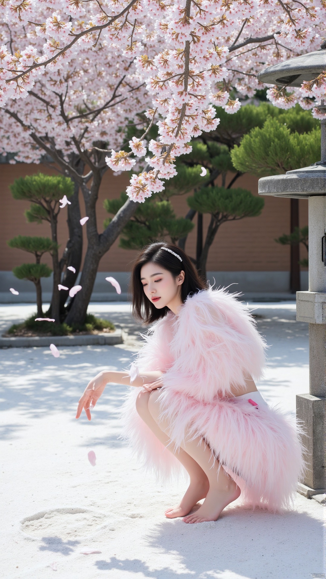 In the quiet Japanese - style courtyard, white sand covers the ground, symbolizing the sea and rivers. Neatly - trimmed pine trees are arranged in an orderly manner, and pink cherry blossoms are in full bloom on the branches, with petals falling from time to time in the wind. A Chinese girl with soft shoulder - length black hair wears a cherry - blossom - shaped hairpin. Her face is round and cute, with curved eyebrows, and her deer - like eyes are clear and bright. Her small nose and pink lips are as delicate as cherry blossoms.
The girl is wearing a light - pink feather miniskirt. The round - neck design is simple and fresh, and the puffy sleeves are cute and playful. The feathers are soft and fine, like the falling petals in spring. Bare - footed, she squats beside a stone lantern, gently touching the fallen petals with her fingers. The feathers on the short skirt tremble slightly with her movements, forming a charming contrast with the surrounding courtyard scenery.