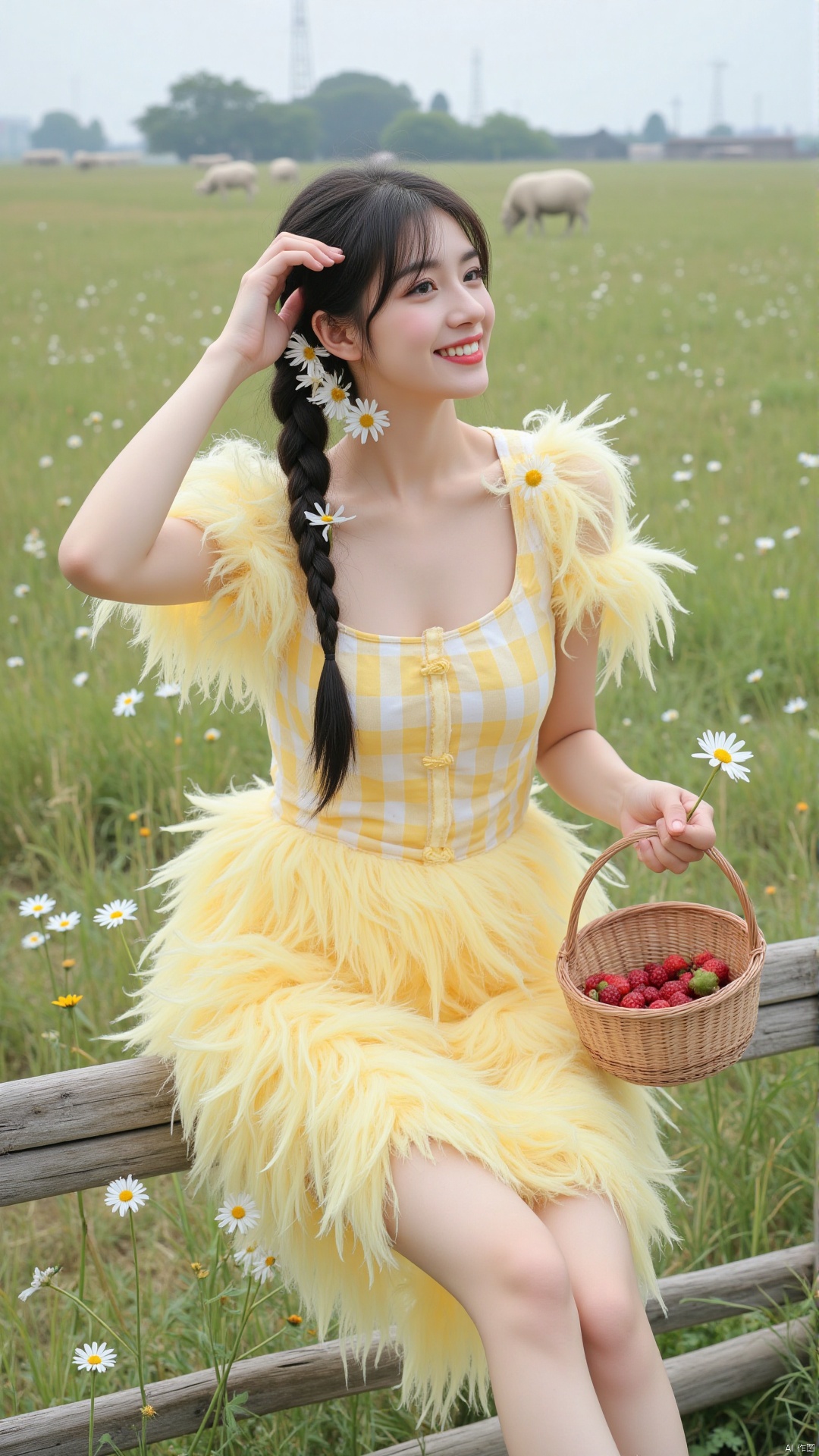 On a vast, open meadow on the outskirts of a small rural village, sheep are grazing peacefully, and wildflowers are scattered everywhere. A young Chinese woman with a long, black braid down her back is sitting on a wooden fence. She wears a knee - length, yellow - and - white striped feather dress. The yellow feathers are bright and sunny, while the white ones add a touch of purity. The dress has a simple, square - neck design and short, ruffled sleeves. The feathers are soft and fluffy, making the dress look both cozy and stylish.
Her face is tanned from the sun, with a healthy glow. Her eyes are a warm, honey - brown, full of friendliness and warmth. She has a wide, infectious smile, showing off her white teeth. Her cheeks are rosy, and she has a small dimple on one cheek when she smiles. She takes a wild daisy from the meadow and tucks it behind her ear, looking out at the pastoral scenery with a contented expression. Beside her on the fence, there's a small, woven basket filled with freshly picked berries, and she occasionally pops one into her mouth, enjoying the sweet taste.