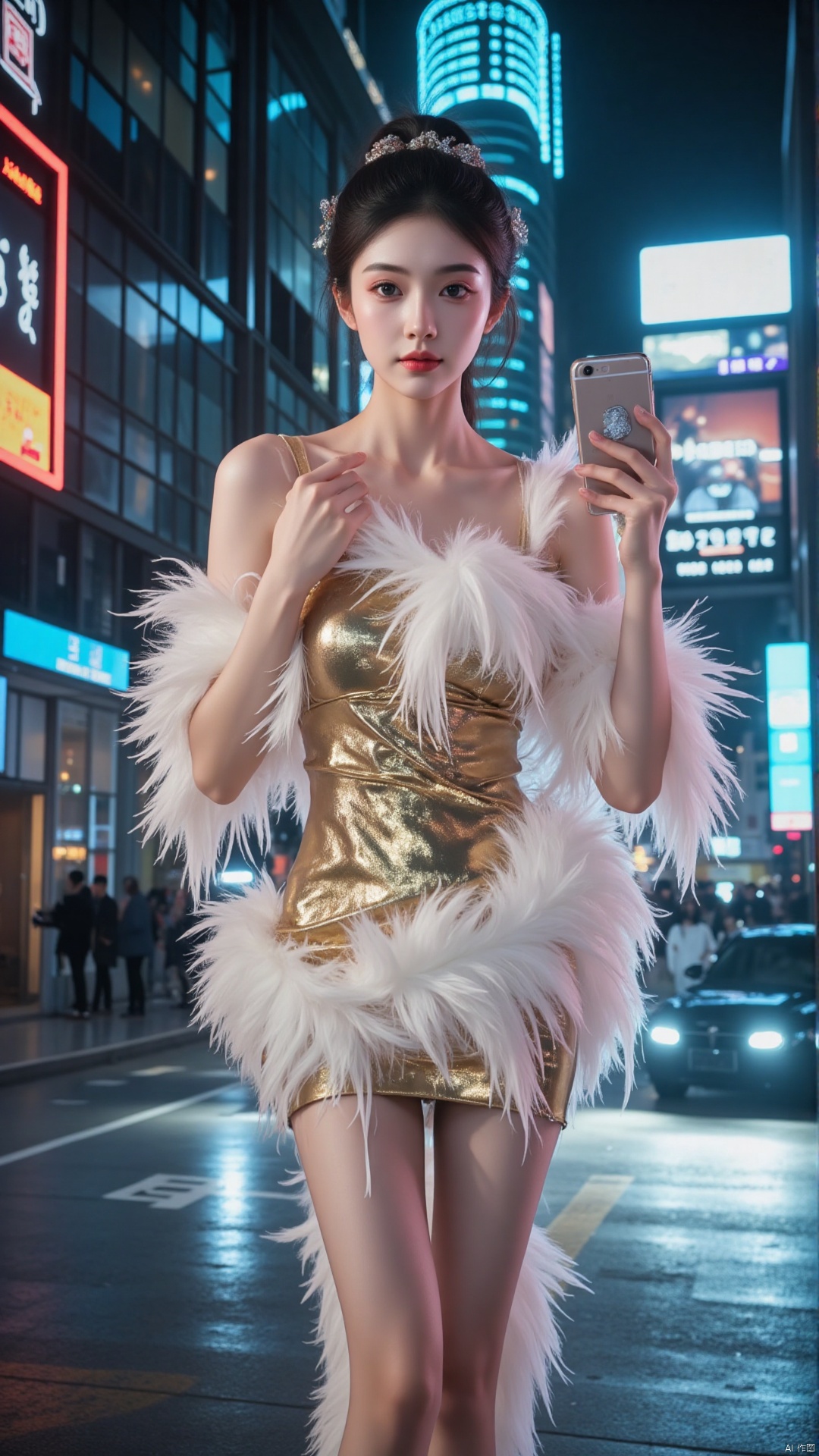 "A stunning Chinese model stands in a futuristic urban setting, wearing a bold and avant-garde feather dress designed with sleek, metallic gold feathers interwoven with soft, downy white ostrich feathers. The dress is sculpted to highlight her curves, with a plunging neckline and daring slit, blending modern sensuality with the ethereal beauty of feathers.

Her hair is styled in a high, sleek ponytail with jeweled clips, and her makeup is minimalistic yet striking, featuring smoky eyes and bold red lips. Her posture exudes confidence and allure, as she stands against a backdrop of glittering skyscrapers and neon lights.

The urban environment is alive with vibrant energy: towering glass buildings reflect the glow of neon advertisements, and a sleek sports car rests in the background, adding a layer of modern luxury to the scene. The woman's feather dress shimmers under the neon lights, creating a dramatic contrast between her natural elegance and the futuristic cityscape.

In her hand, she holds a delicate smartphone with a sleek metallic finish, symbolizing her connection to the modern world. The combination of her feather dress, futuristic urban setting, and confident demeanor creates a visually striking fusion of high fashion, cultural beauty, and modern technology."

