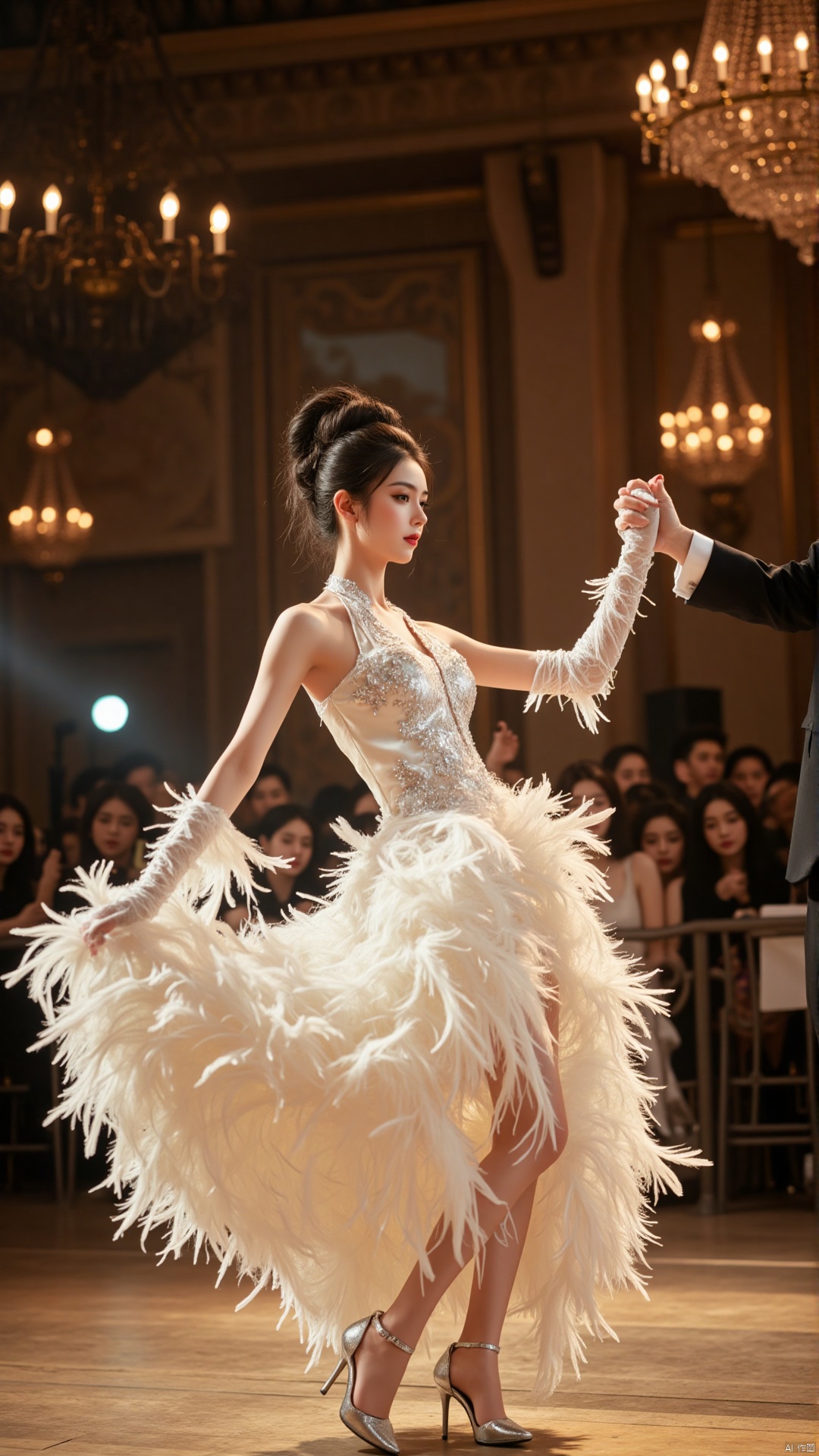 In a grand, old - fashioned ballroom with high ceilings and crystal chandeliers, the atmosphere is filled with the sound of a live orchestra playing a waltz. A Chinese lady with a perfectly coiffed updo of black hair is gracefully dancing. Her full - length, off - white feather dress is a vision of old - world charm. The bodice of the dress is made of a rich, satin fabric, embroidered with delicate silver thread in a floral pattern. The feathers on the skirt are large and fluffy, creating a voluminous, billowing effect as she twirls.
Her face is oval - shaped, with a porcelain - like complexion. Her eyes are a warm, deep brown, filled with a hint of shyness and excitement. Her eyebrows are finely arched, and her long, black eyelashes flutter with every movement. Her lips are painted a soft, coral pink, and she has a small beauty mark just above the corner of her mouth. She's wearing long, white gloves that reach up to her elbows, and a pair of silver - strapped high - heeled shoes. As she dances, she holds her partner's hand gracefully, her body moving in perfect harmony with the music.