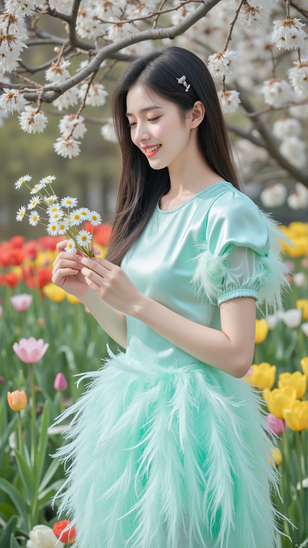 In a charming English - style garden during spring, colorful tulips, daisies, and cherry blossoms are in full bloom, filling the air with a sweet fragrance. A young Chinese woman with long, straight black hair stands among the flowers. She wears a knee - length, A - line feather dress in a soft, mint - green color. The feathers are light and delicate, giving the dress a gentle, floating quality as the breeze blows. The dress has a simple, round - neck design with short, puffed sleeves, showing off her slender arms.
Her face is round and full of vitality, with rosy cheeks from the fresh air. Her almond - shaped eyes are bright and clear, a warm, chestnut brown, filled with the joy of spring. Her nose is small and straight, and her lips are a natural, light - pink color, curved into a bright smile. She has a small, silver - plated hairpin in her hair, holding back a few strands on one side. In her hand, she gently holds a small bouquet of freshly picked daisies, and she's looking down at them with a tender expression, as if having a private conversation with the flowers.
