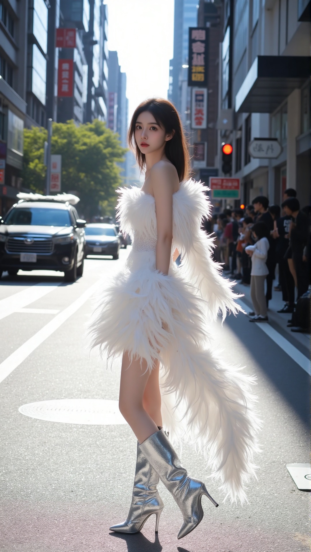 The image shows a young woman walking on a busy street in a city. She is wearing a white dress with a long, flowing skirt that reaches her knees. The skirt is made up of multiple layers of white feathers, creating a dramatic and voluminous look. The woman is also wearing a pair of silver high-heeled boots with a pointed toe and a chunky heel. She has long dark hair that is styled in loose waves and is looking off to the side with a serious expression on her face. The background shows tall buildings and cars on the street, and a crowd of people can be seen on the right side of the image. The sky is blue and the sun is shining brightly, casting a warm glow on the scene.