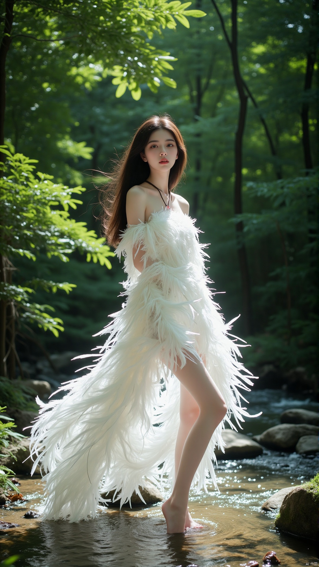 Deep in a lush, green forest, sunlight filters through the thick canopy of trees, creating a dappled pattern on the forest floor. A clear, babbling brook winds its way through the trees, and beside it stands a Chinese girl with long, flowing black hair. She's wearing a floor - length, off - the - shoulder white feather dress. The feathers are pure white, like freshly fallen snow, and they are arranged in a way that gives the dress a natural, organic look, as if it grew right out of the forest. The dress has a loose, flowing silhouette, with a slightly uneven hem that touches the ground.
Her face is delicate and fair - skinned, with a smattering of light freckles across her nose and cheeks, adding to her innocent charm. Her eyes are large and bright, a deep, warm brown, filled with curiosity as she looks around at the forest. Her eyebrows are natural and softly arched. Her lips are a pale, peachy color, and she bites her lower lip slightly, as if in wonder at the beauty of the forest. She has a simple, leather - cord necklace around her neck, with a small, polished stone pendant. She takes off her shoes and dips her toes into the cool water of the brook, her dress billowing around her in the gentle forest breeze.