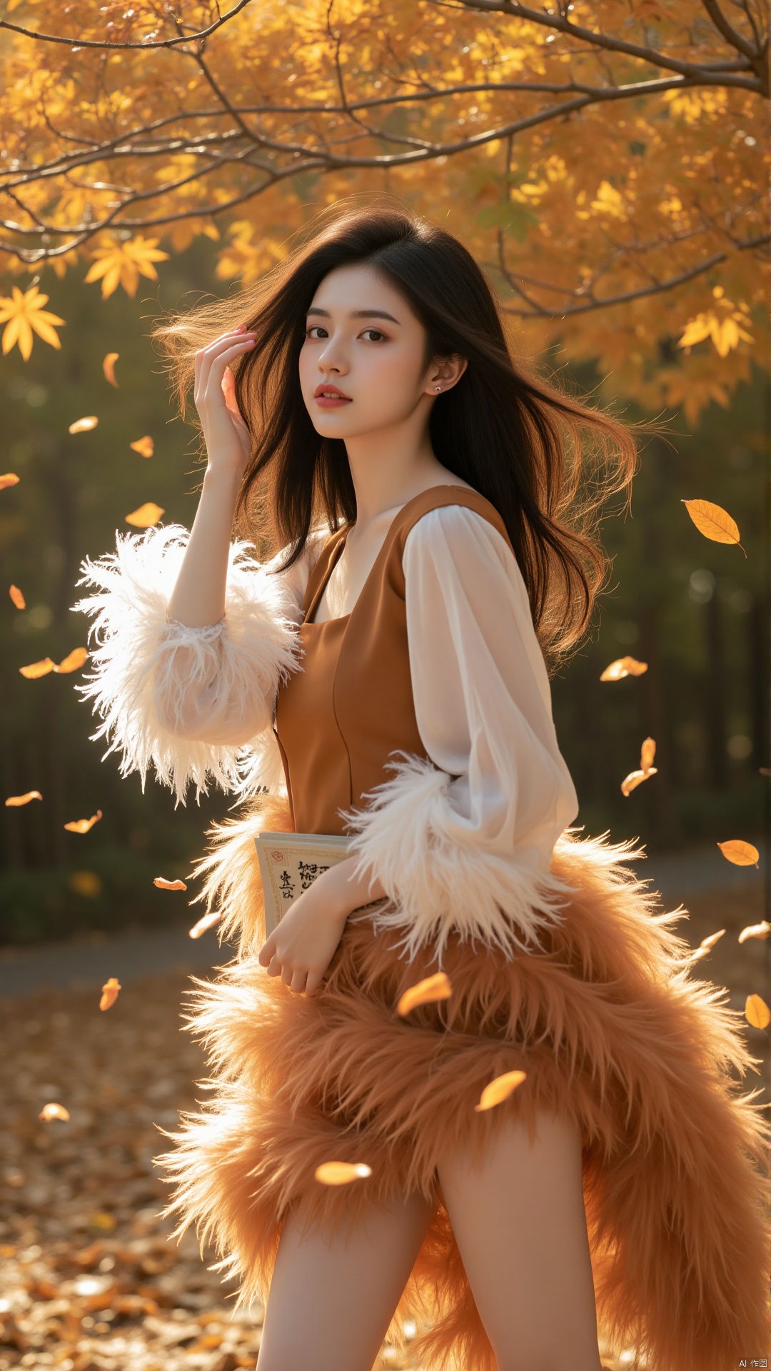 In the afternoon of autumn, sunlight filters through the layers of maple leaves, casting a warm, golden glow over the entire forest. A young Chinese maiden stands there, her waist - length, straight black hair smooth and shiny, with the ends gently swaying in the breeze. She has a classic oval face, fair skin with a faint blush. Beneath her slender eyebrows, her almond - shaped eyes are like a clear autumn stream, bright and limpid. Her nose is small and delicate, and her lips, the color of ripe cherries, curve into a gentle smile.
The maiden is wearing a knee - length caramel - colored feather dress. The square - neck design showcases her graceful collarbone, and the lantern sleeves are light and lively. Each feather is soft and fluffy, glistening faintly in the sunlight. In her hand, she holds a delicately - covered poetry collection. Standing casually under an ancient maple tree, she occasionally raises her hand to brush the wind - tousled hair, and the feathers on the skirt flutter gently, interweaving with the falling maple leaves.