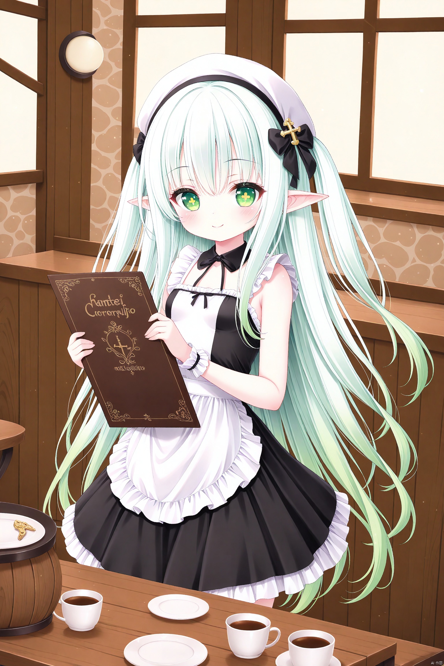 aritst:tinkle,tinkle,cxnice3,lolisugerjio,cxbackground,masterpiece,best quality, high quality, loli,1girl, solo, hair ornament, elf girls,pointy_ears, small breast,green eyes, symbol-shaped pupils, cross-shaped pupils, white hair, green hair, bangs, hair ornament, gradient hair, side tonytail,indoors,restaurant,cafe,maid,white headwear,maid outfit,black dress,white apron,standing,holding,holding menu,smile,torticollis,wooden room,tables,light,cups on table,
 extreme aesthetic,best quality,good quality,newest,
