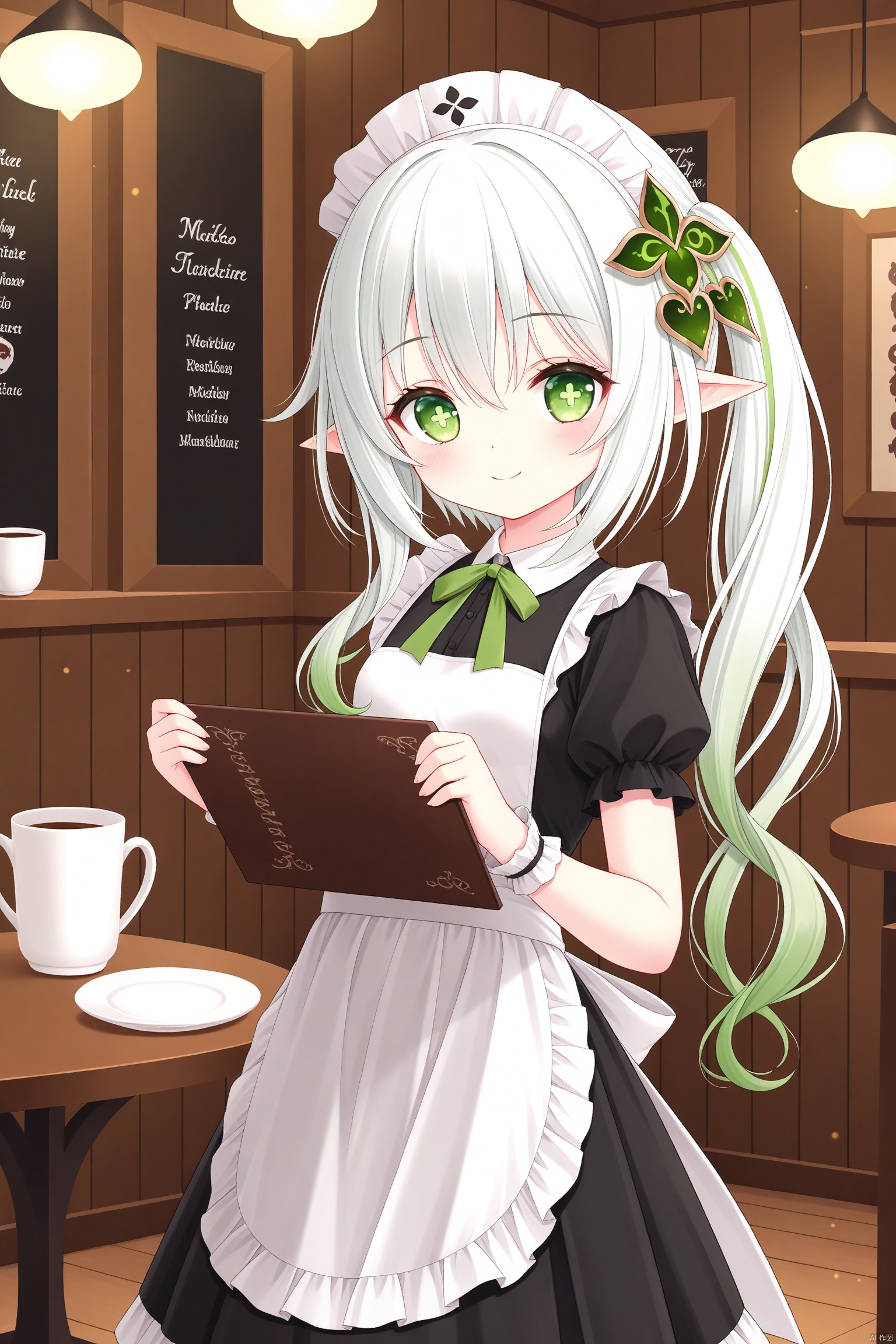 aritst:tinkle,tinkle,cxnice3,lolisugerjio,cxbackground,masterpiece,best quality, high quality, loli,1girl, solo, hair ornament, elf girls,pointy_ears, small breast,green eyes, symbol-shaped pupils, cross-shaped pupils, white hair, green hair, bangs, hair ornament, gradient hair, side tonytail, nahida \(genshin impact\),indoors,restaurant,cafe,maid,white headwear,maid outfit,black dress,white apron,standing,holding,holding menu,smile,torticollis,wooden room,tables,light,cups on table,
 extreme aesthetic,best quality,good quality,newest,vision (genshin impact),