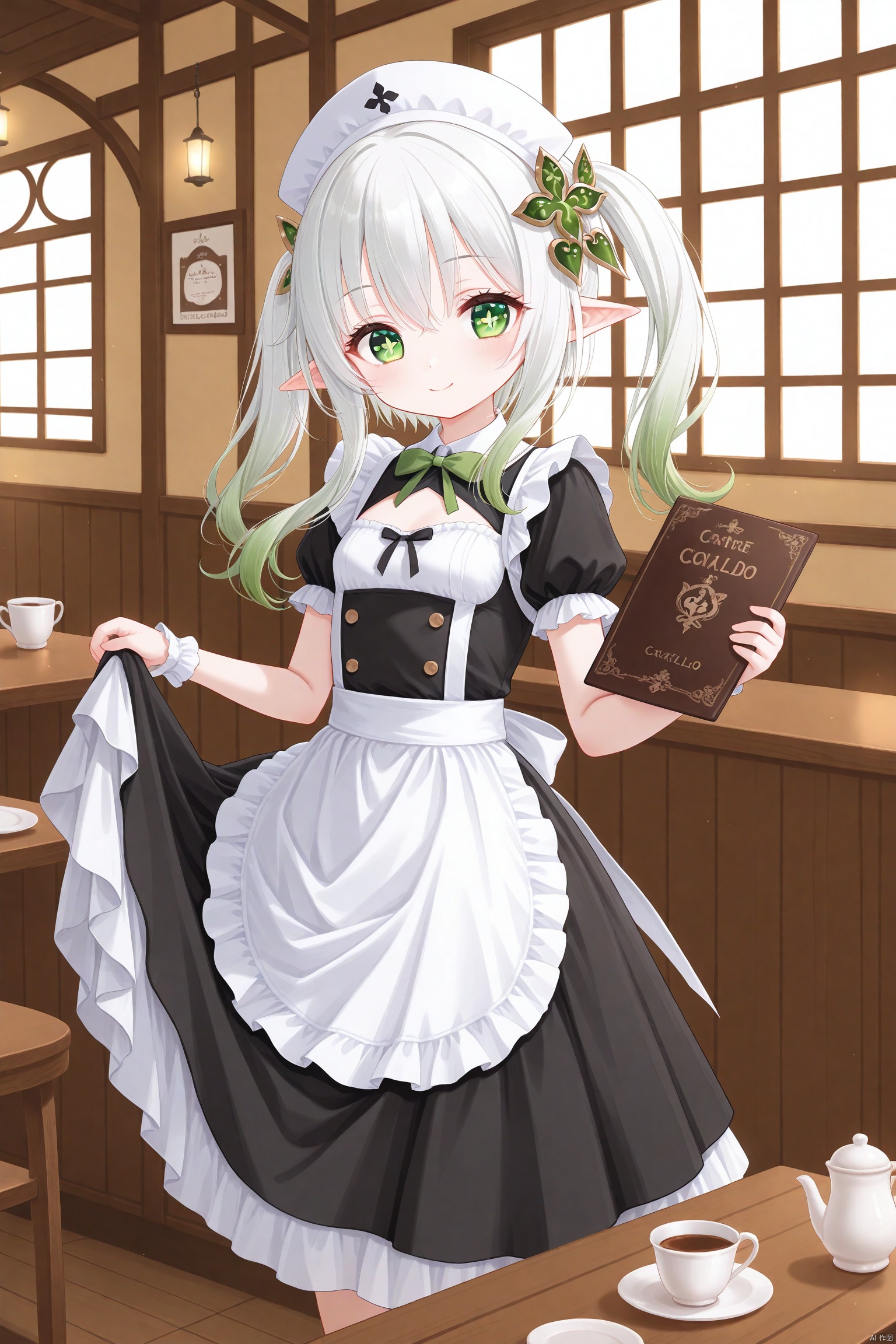 aritst:tinkle,tinkle,cxnice3,lolisugerjio,cxbackground,masterpiece,best quality, high quality, loli,1girl, solo, hair ornament, elf girls,pointy_ears, small breast,green eyes, symbol-shaped pupils, cross-shaped pupils, white hair, green hair, bangs, hair ornament, gradient hair, side tonytail, nahida \(genshin impact\),indoors,restaurant,cafe,maid,white headwear,maid outfit,black dress,white apron,standing,holding,holding menu,smile,torticollis,wooden room,tables,light,cups on table,
 extreme aesthetic,best quality,good quality,newest,vision (genshin impact),