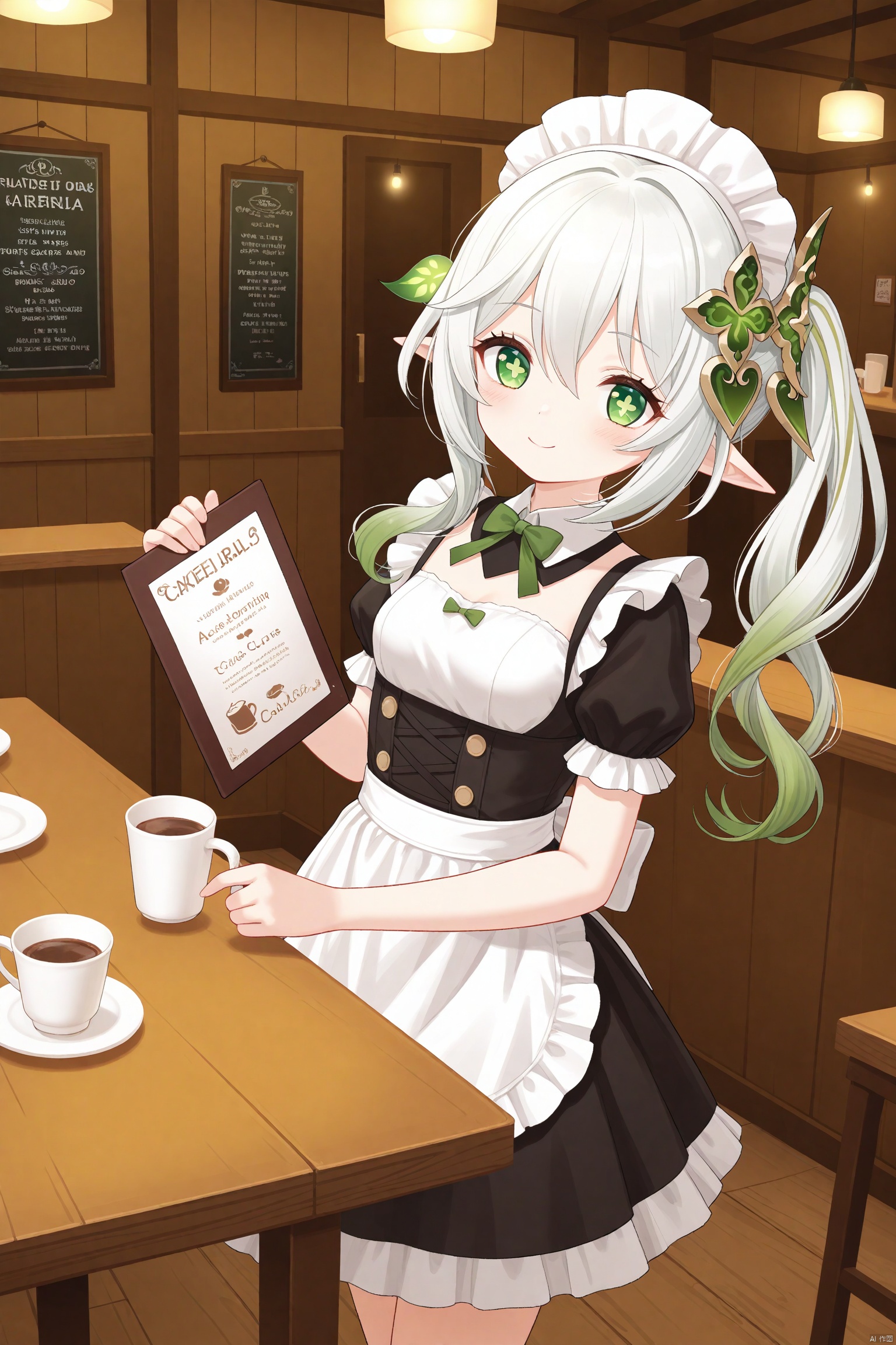 aritst:tinkle,tinkle,cxnice3,lolisugerjio,cxbackground,masterpiece,best quality, high quality, loli,1girl, solo, hair ornament, elf girls,pointy_ears, small breast,green eyes, symbol-shaped pupils, cross-shaped pupils, white hair, green hair, bangs, hair ornament, gradient hair, side tonytail, nahida \(genshin impact\),indoors,restaurant,cafe,maid,white headwear,maid outfit,black dress,white apron,standing,holding,holding menu,smile,torticollis,wooden room,tables,light,cups on table,
 extreme aesthetic,best quality,good quality,newest,vision (genshin impact),