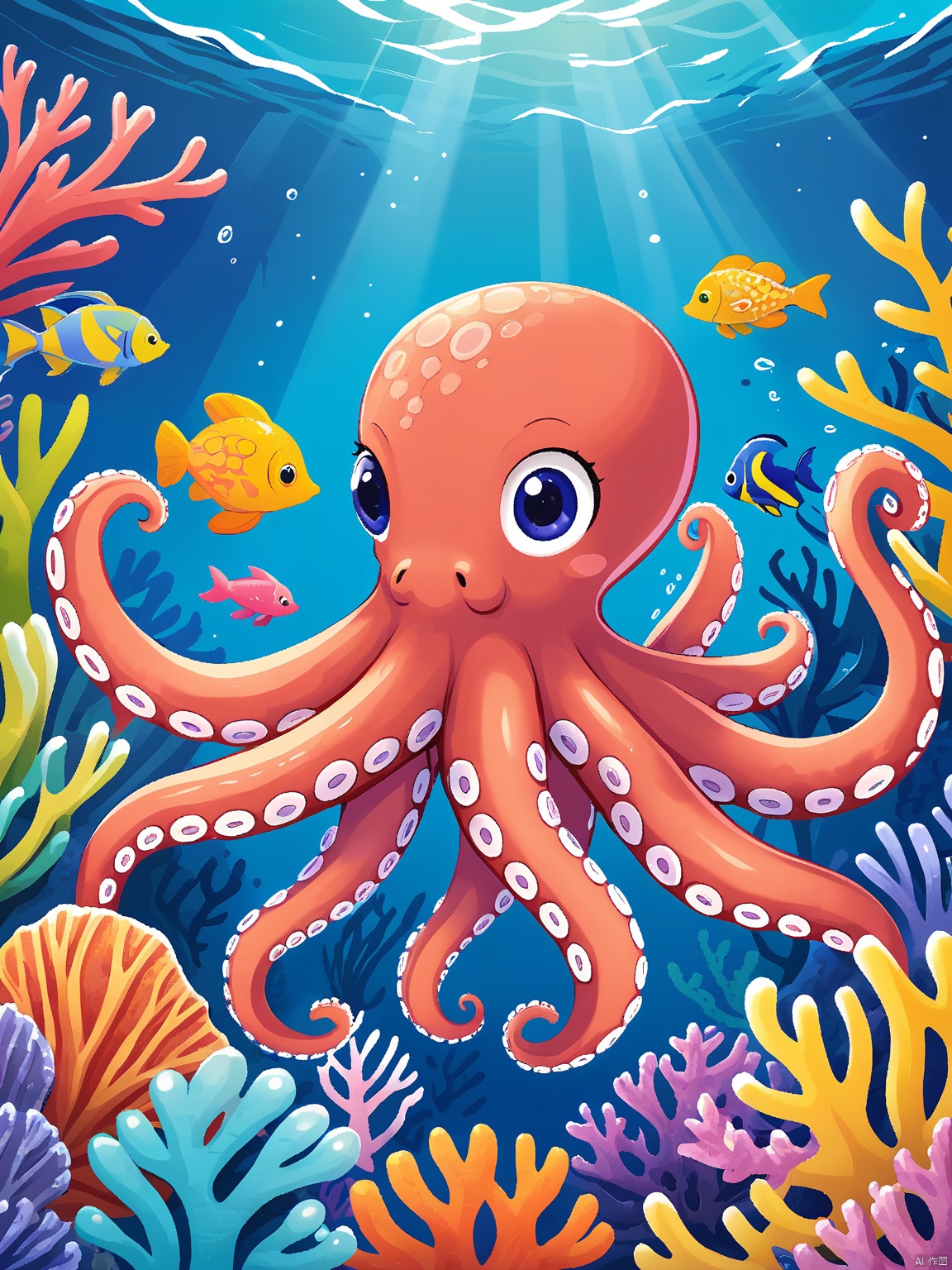 ETHB,Child insertion, A digital illustration for a children's picture book about the ocean. A curious little octopus peers out from behind a coral reef, its tentacles adorned with vibrant patterns. The ocean floor serves as the backdrop, with colorful fish swimming in a soft blur. The octopus's eyes are wide with wonder, positioned near the top of the frame. The aesthetic is mesmerizing, with contrasting colors that pop against the deep blue sea. It combines digital artistry with a playful, underwater theme.