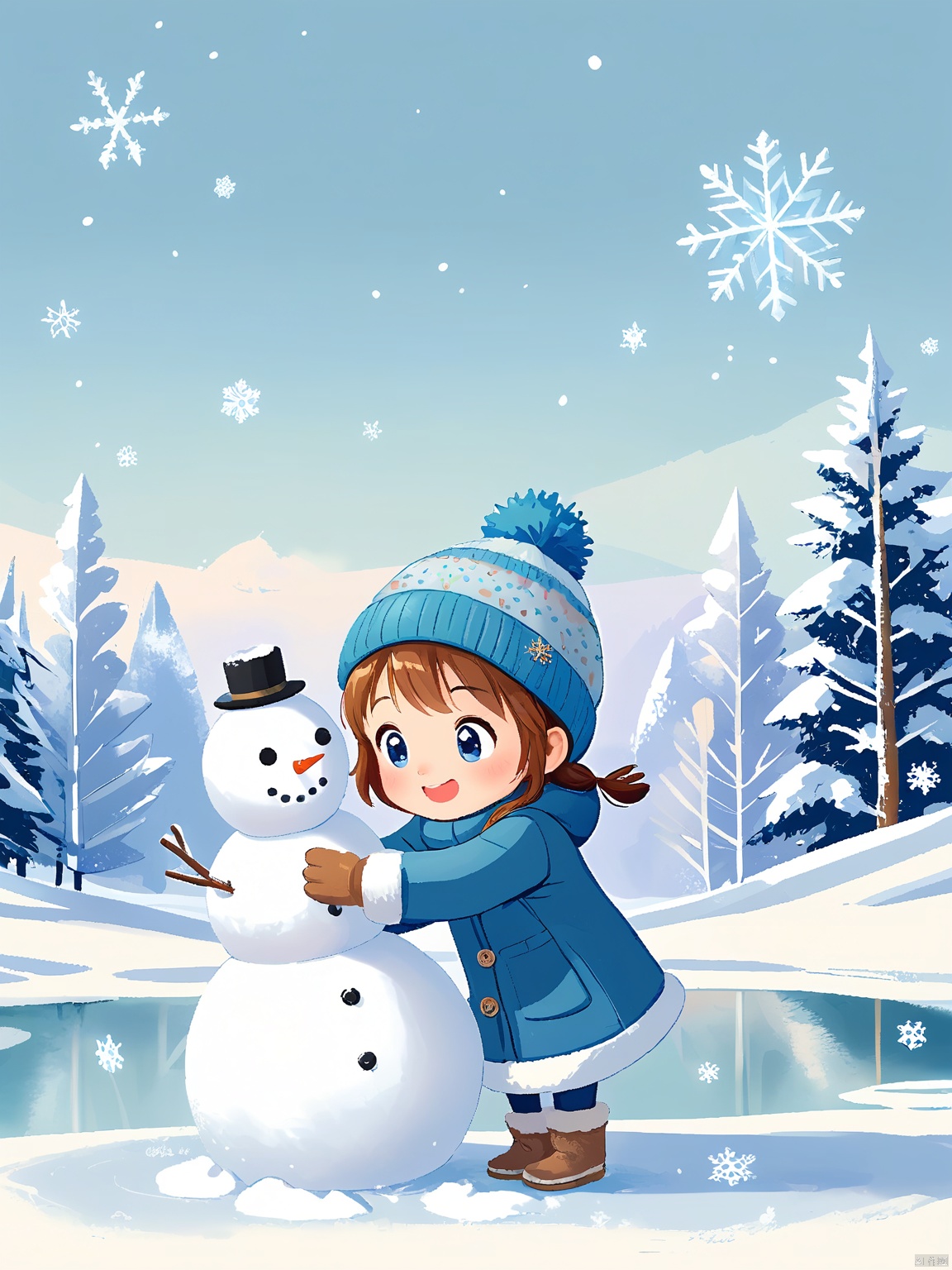 ETHB,Child insertion, A digital page from a children's book about winter wonders. A little girl builds a snowman, her mittened hands shaping the frosty figure. Snowflakes fall gently around her, creating a soft blur in the background. The girl's eyes are twinkling with excitement, positioned near the center of the frame. The background fades into a wintry landscape of snow-covered trees and icy lakes, emphasizing the beauty of winter. The aesthetic is cozy, with cool tones and playful details. It fuses digital illustration with a winter-themed setting.