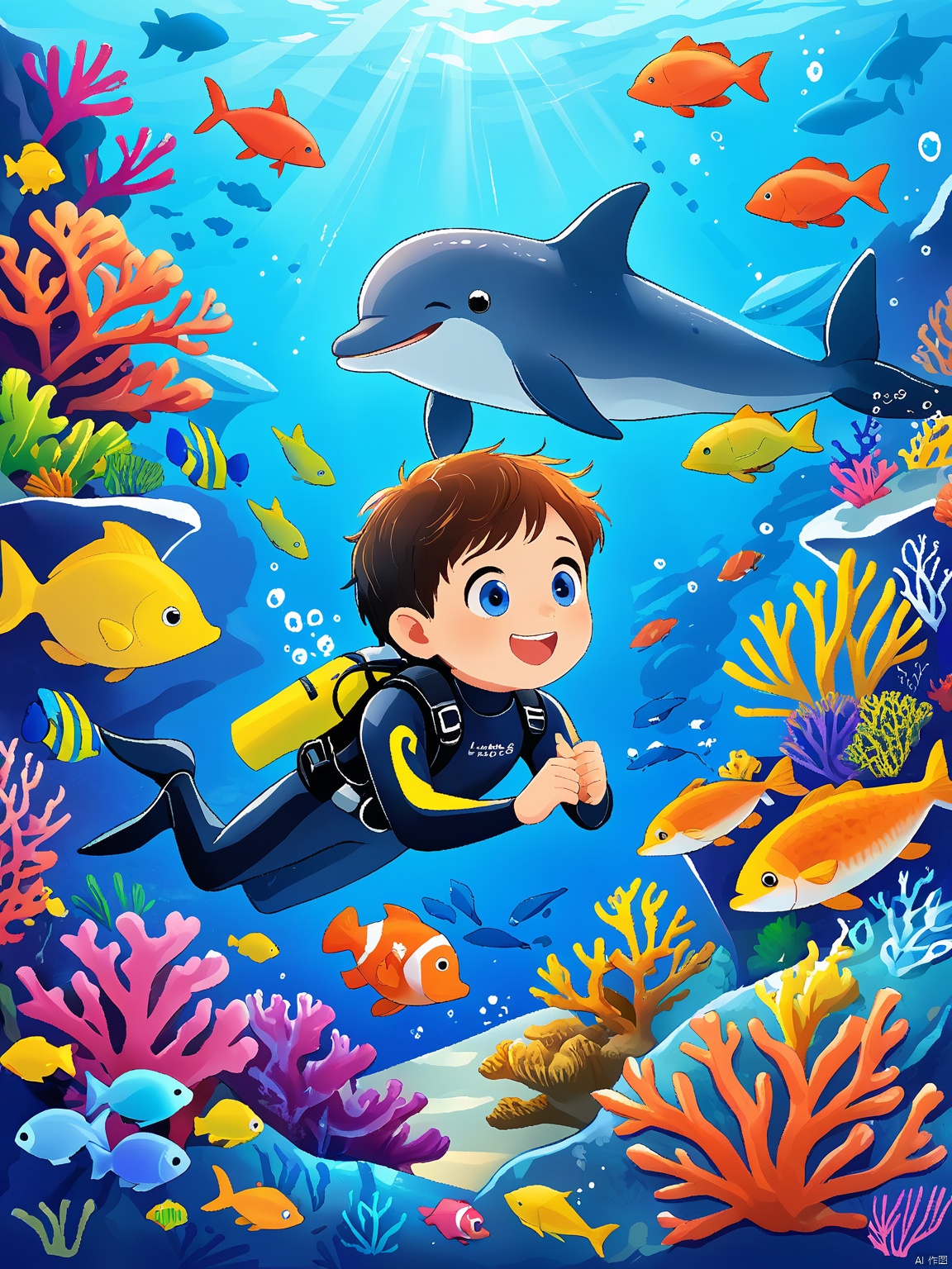ETHB,Child insertion, A digital page from a children's book about underwater adventures. A diver boy swims alongside a playful dolphin, both wearing scuba gear. The ocean is teeming with colorful fish and coral reefs in a soft blur. The boy's eyes are wide with amazement, positioned near the center of the frame. The background fades into a deep blue expanse, emphasizing the wonder of the underwater world. The aesthetic is vibrant, with contrasting colors and a sense of excitement. It combines digital illustration with an underwater adventure theme.