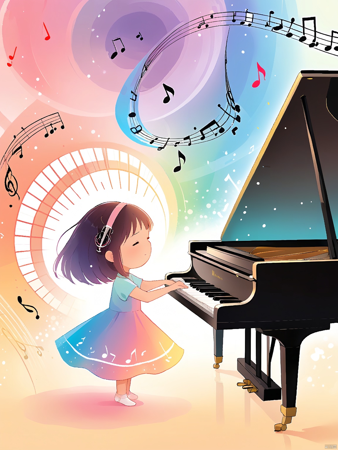 ETHB,Child insertion, A digital illustration for a children's book about the magic of music. A little girl plays the piano, her fingers dancing across the keys. The music notes float around her in a soft blur, creating a magical aura. The girl's eyes are closed in concentration, positioned near the center of the frame. The background fades into an abstract swirl of colors, emphasizing the ethereal nature of music. The aesthetic is enchanting, with pastel hues and a sense of wonder. It combines digital illustration with a theme of music and creativity.