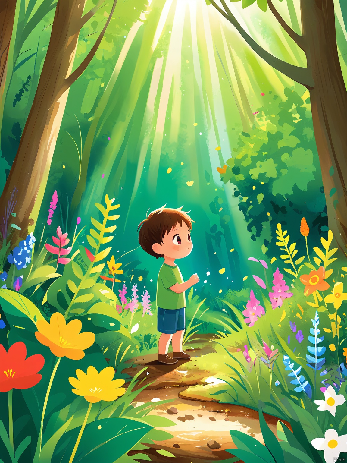 ETHB,Child insertion, A digital page from a children's book about the beauty of nature. A little boy explores a forest, discovering hidden streams and colorful wildflowers. The background shows the forest floor fading into a blur of green leaves and sunlight. The boy's eyes are wide with wonder, positioned near the bottom left of the frame. The aesthetic is lush, with rich greens and pops of color. It combines digital illustration with a nature-themed setting.