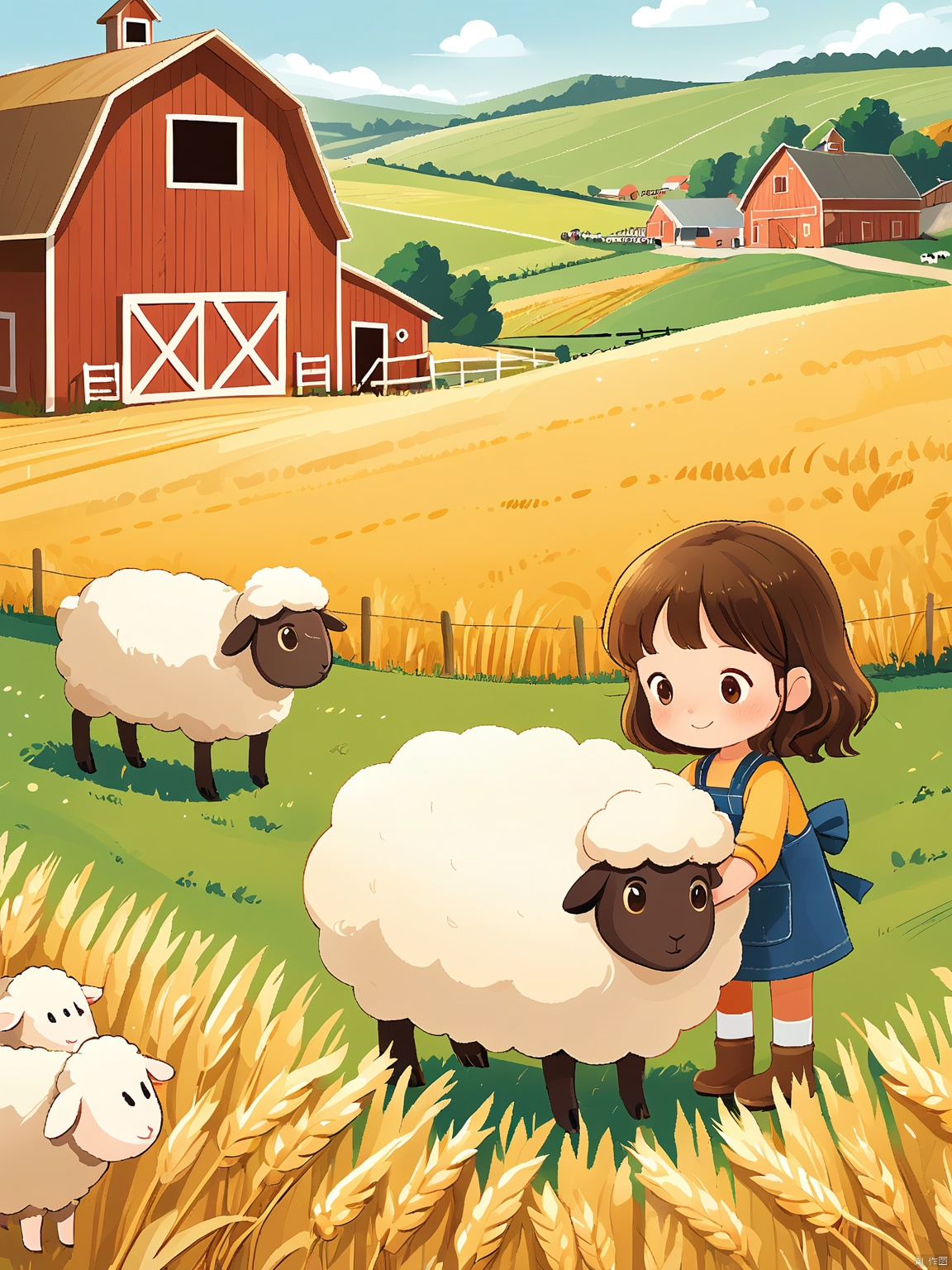 ETHB,Child insertion, A digital page from a children's book about farm life. A little farmer girl pets a fluffy sheep, both surrounded by a barn and fields of golden wheat. The sheep's eyes are soft and content, positioned near the bottom of the frame. The background fades into a distant landscape of rolling hills, emphasizing the simplicity of farm life. The aesthetic is rustic, with earthy tones and charming details. It fuses digital illustration with a farm-themed setting.