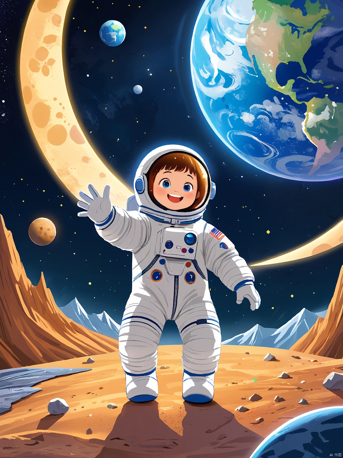 ETHB,Child insertion, A digital page from a children's book about space. A little astronaut waves from the surface of the moon, wearing a bulky spacesuit and a big smile. The Earth shines brightly in the background, a small but stunning detail. The astronaut's eyes are wide with excitement, positioned near the bottom of the frame. The background fades into a starry expanse, emphasizing the wonder of space. The aesthetic is awe-inspiring, with vibrant colors and a sense of adventure. It combines digital illustration with a space-themed adventure.