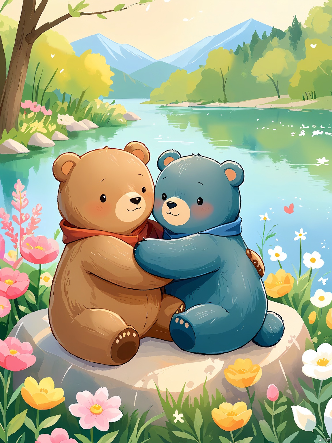 ETHB,Child insertion, A digital illustration for a children's book about friendship. Two bears hug tightly, one with a soft brown coat and the other with a creamy white one. They sit on a rock by a serene lake, surrounded by blooming flowers. The bears' eyes are closed in joy, positioned near the center of the frame. The background blends into a soft blur of nature, highlighting the warmth of their bond. The aesthetic is heartwarming, with gentle colors and a cozy atmosphere. It blends digital artistry with a timeless tale of friendship.