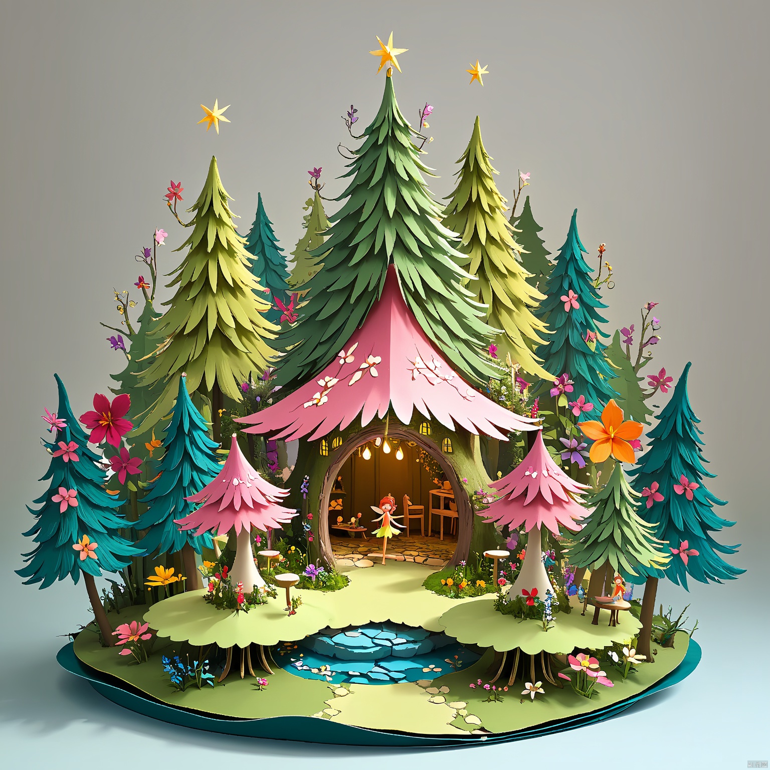 pop-up book, A whimsical woodland fairy village with tiny cottages and colorful flowers. In the foreground, fairies danced and sang, while in the background, towering trees created a protective canopy. The scene was a magical, enchanting retreat from the outside world.