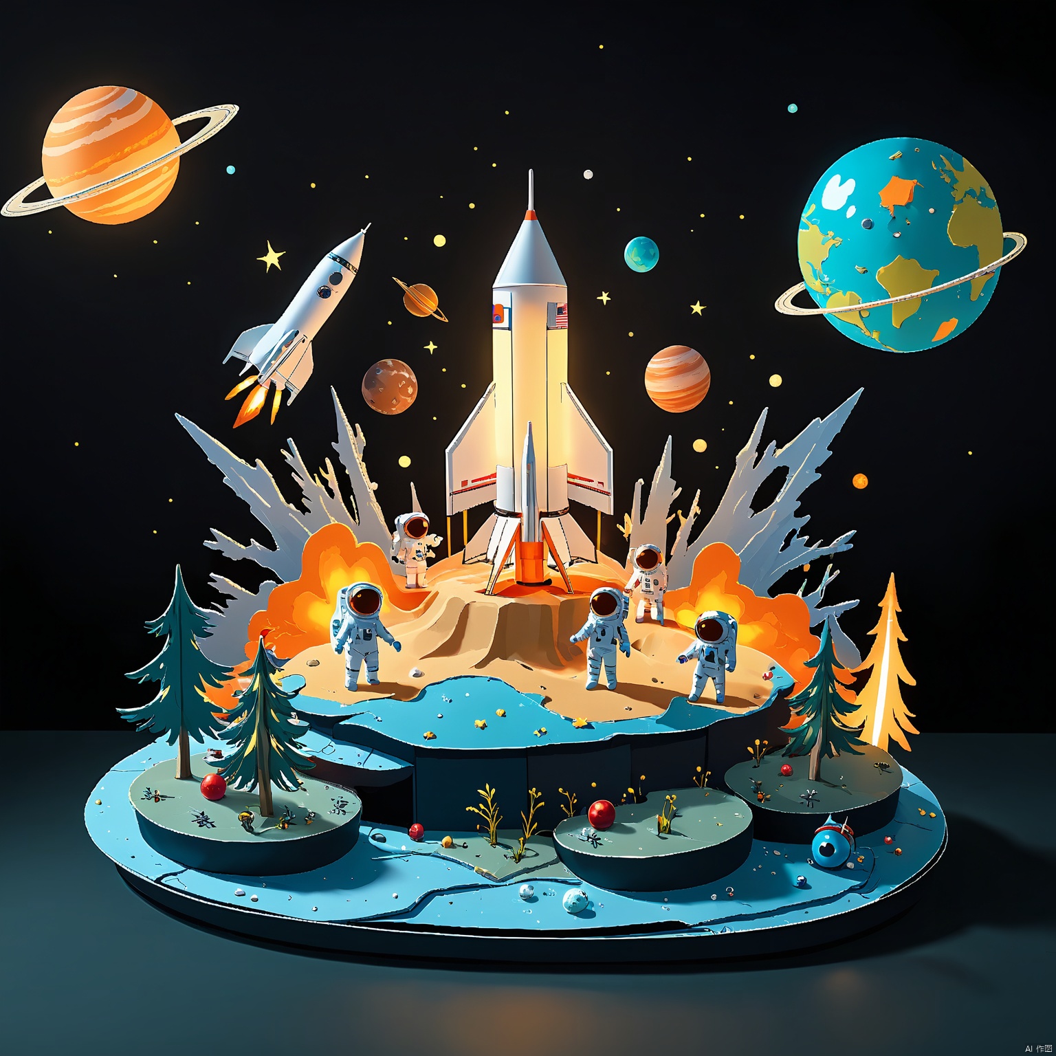 pop-up book, pop-up book, A space adventure with astronauts, rockets, and a distant planet glowing in the darkness.