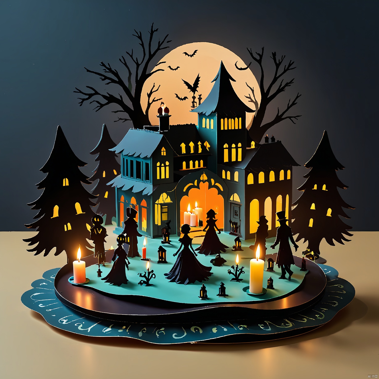 pop-up book, pop-up book, A haunted mansion with spooky silhouettes, flickering candles, and a ghostly apparition.