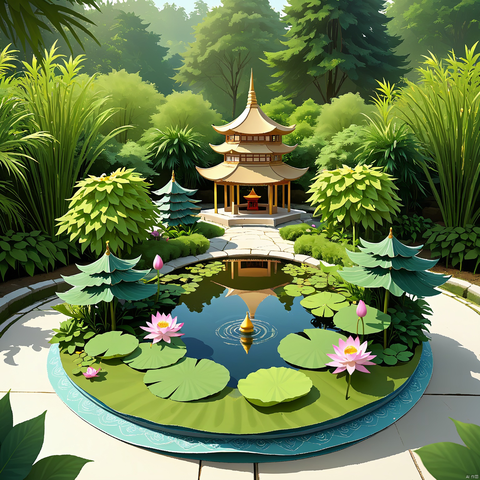 pop-up book, A serene meditation garden with a reflecting pool in the center. In the foreground, lotus flowers floated gracefully, while in the background, a peaceful pagoda stood amidst lush greenery. The scene was a tranquil oasis of calm and reflection.