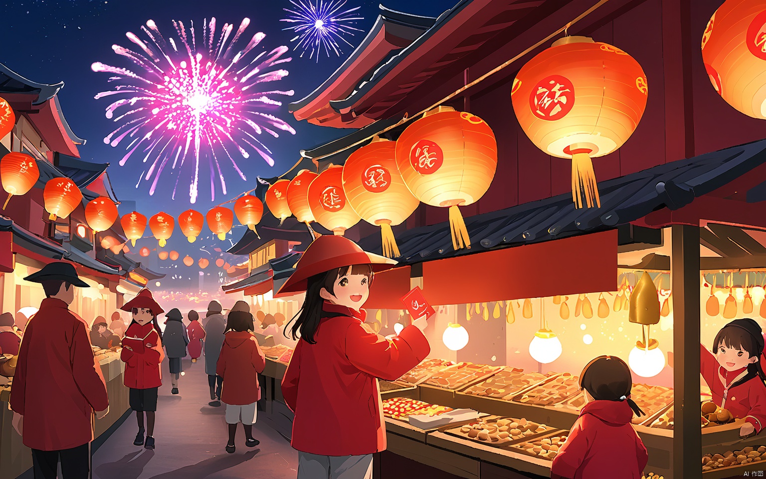 HCCH, In a bustling marketplace, children in red jackets and hats weave through stalls adorned with lanterns and red envelopes. They laugh and play amidst the clinking of bells and the aroma of roasted chestnuts, as the skyline glows with fireworks painting the night sky in vibrant hues of gold and silver. The air is filled with joy and anticipation, marking the arrival of the new year.