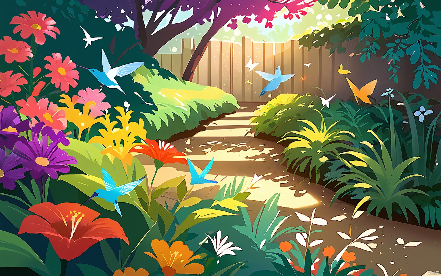 HCCH, A serene garden in bloom. In the foreground, a hummingbird hovers around a cluster of vibrant flowers, its wings beating rapidly as it sips nectar. Nearby, butterflies flutter from bloom to bloom, their colors blending with the vivid hues of the garden. The background is a wall of lush foliage, with the sun casting dappled shadows on the ground.