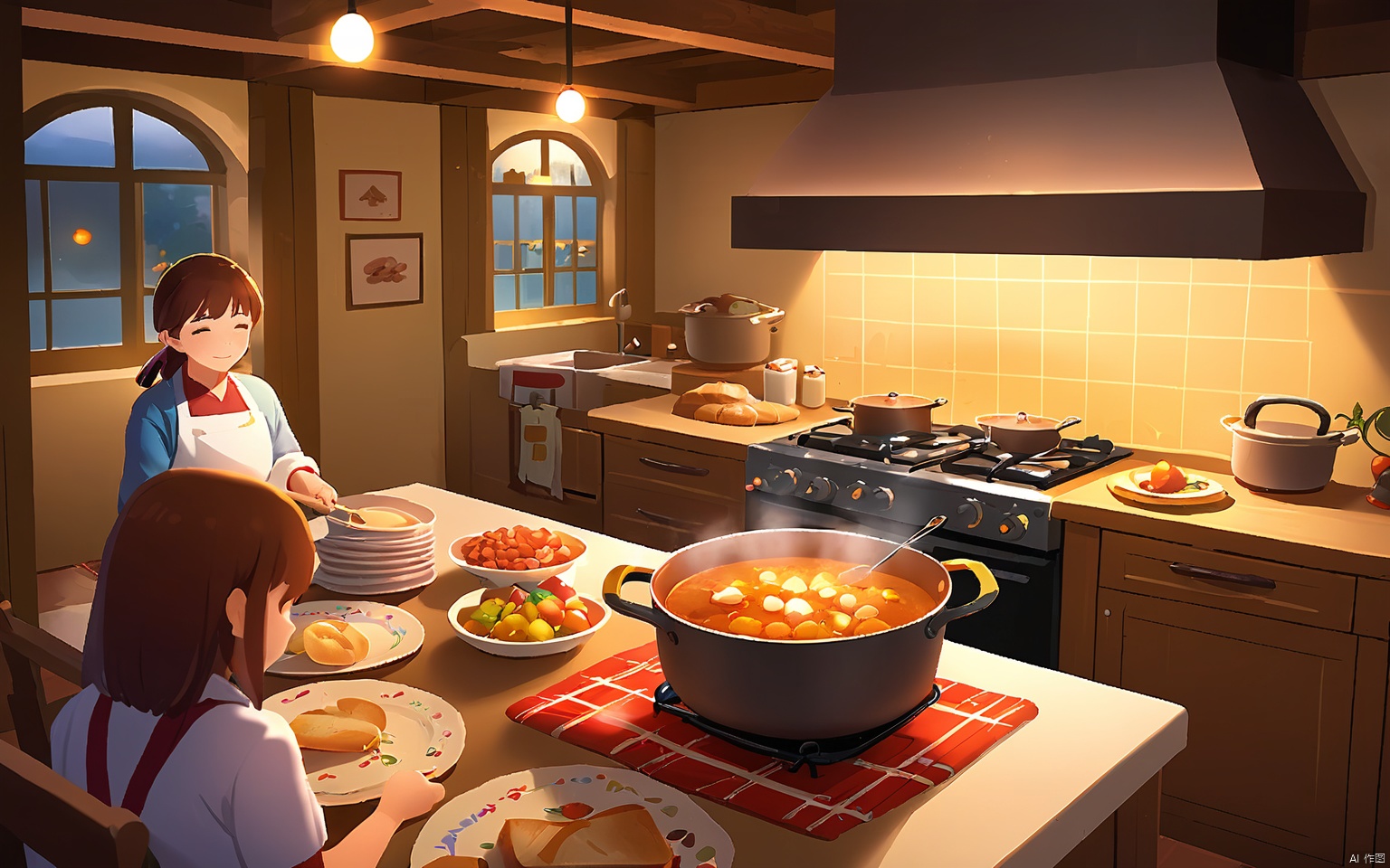 HCCH, A cozy kitchen filled with the aroma of homemade dishes. At the forefront, a chef stirs a pot of steaming stew, its rich aroma mingling with the scent of freshly baked bread. Family members bustle around, setting the table with colorful placemats and festive centerpieces. The background is a blur of pots and pans, with the warm glow of overhead lights casting a comforting ambiance.