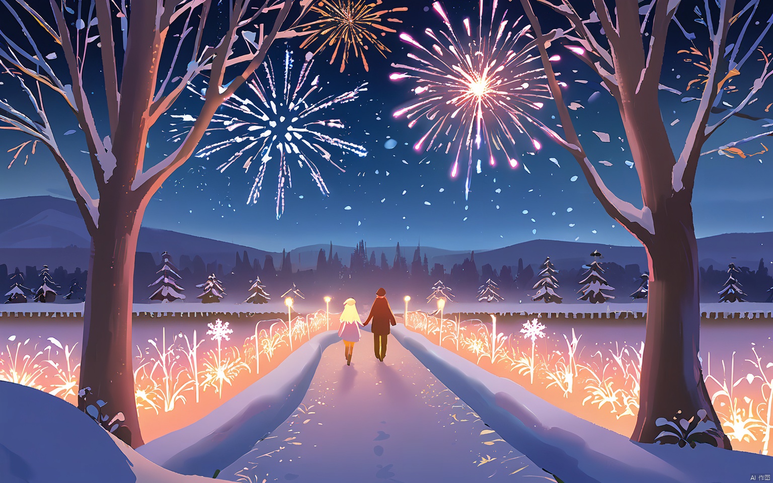 HCCH, A serene, snow-covered garden at dusk. In the foreground, a couple walks hand in hand through a path lined with twinkling fairy lights. Snowflakes gently fall around them, casting a soft glow in the fading light. The background is a tapestry of frosted trees and shrubs, with the distant silhouette of a fireworks display lighting up the sky.