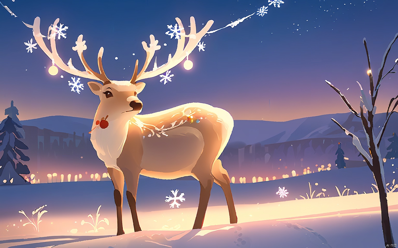 HCCH, A serene snow-covered landscape at dawn. In the foreground, a reindeer stands proudly, its antlers adorned with twinkling fairy lights. Snowflakes gently fall around it, casting a soft glow in the dim morning light. The background is apanse of pristine snow, with the first rays of sunlight casting long, ethereal shadows on the horizon.