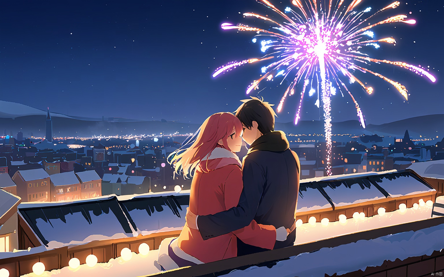 HCCH, On a snowy rooftop, couples hug close, their breaths visible in the frosty air. They gaze at the city below, illuminated by strings of fairy lights and the occasional burst of fireworks. The soft snowflakes gently fall, adding a serene beauty to the romantic scene as they celebrate the turn of the year with promises of love and hope.
