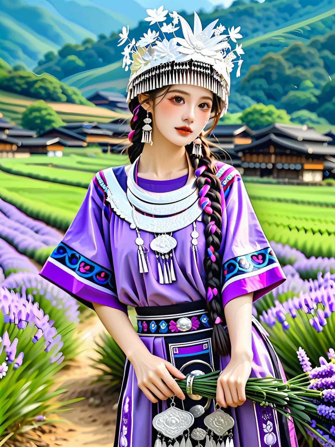 MZNH, A maiden of the Miao tribe, dressed in a serene lavender and silver attire, her hair adorned with jade hairpins and silver flowers, standing by a field of lavender, the sweet scent filling the air around her.