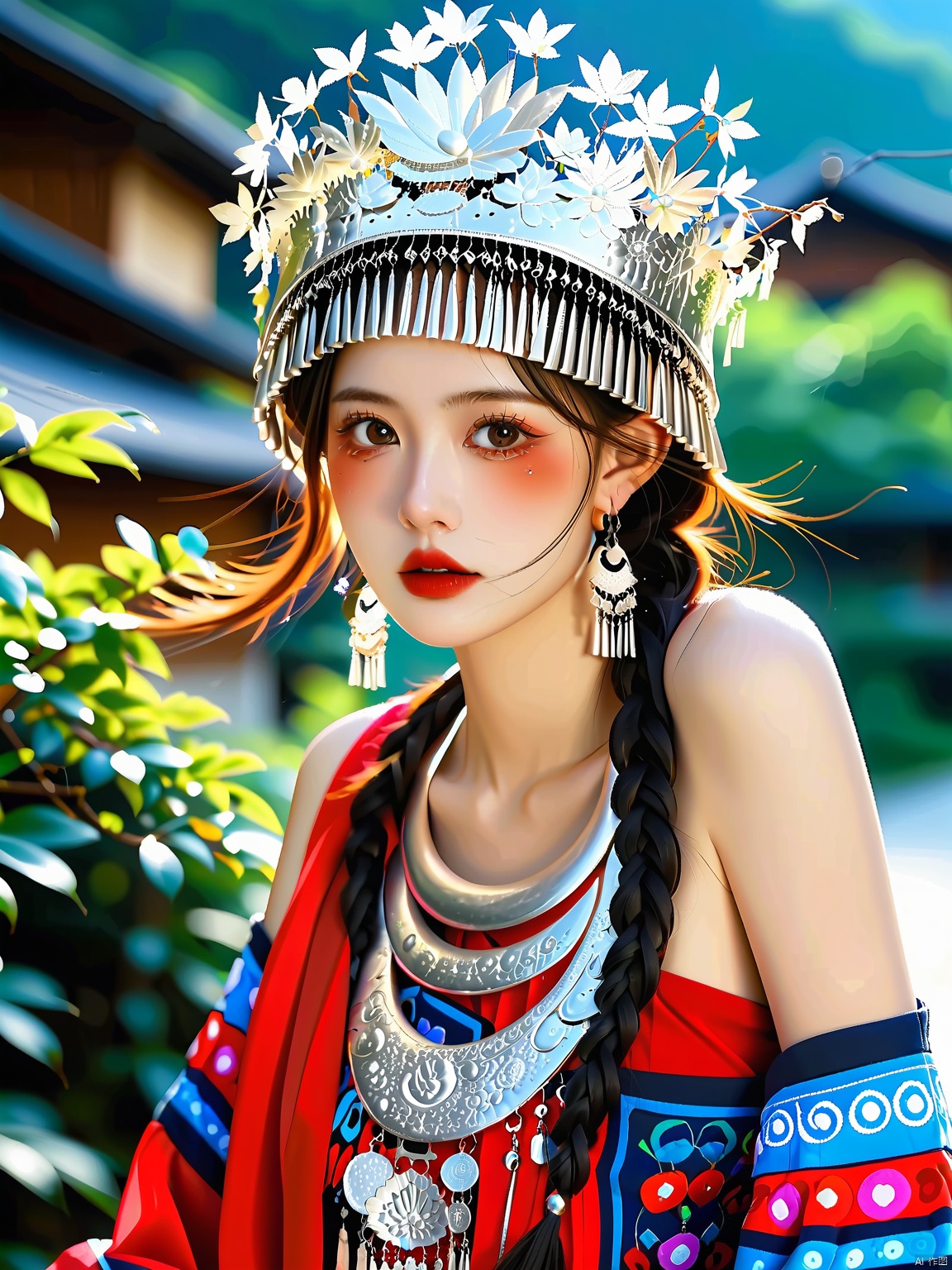 MZNH, A Miao girl in a dazzling silver and blue attire, her ornate silver headdress gleaming, intricate silver and blue necklaces adorning her neck, wearing a vibrant red and blue dress, her pale skin contrasting with her cherry red lips, her long braided hair flowing, captured in soft lighting amidst the lush greenery of her village.