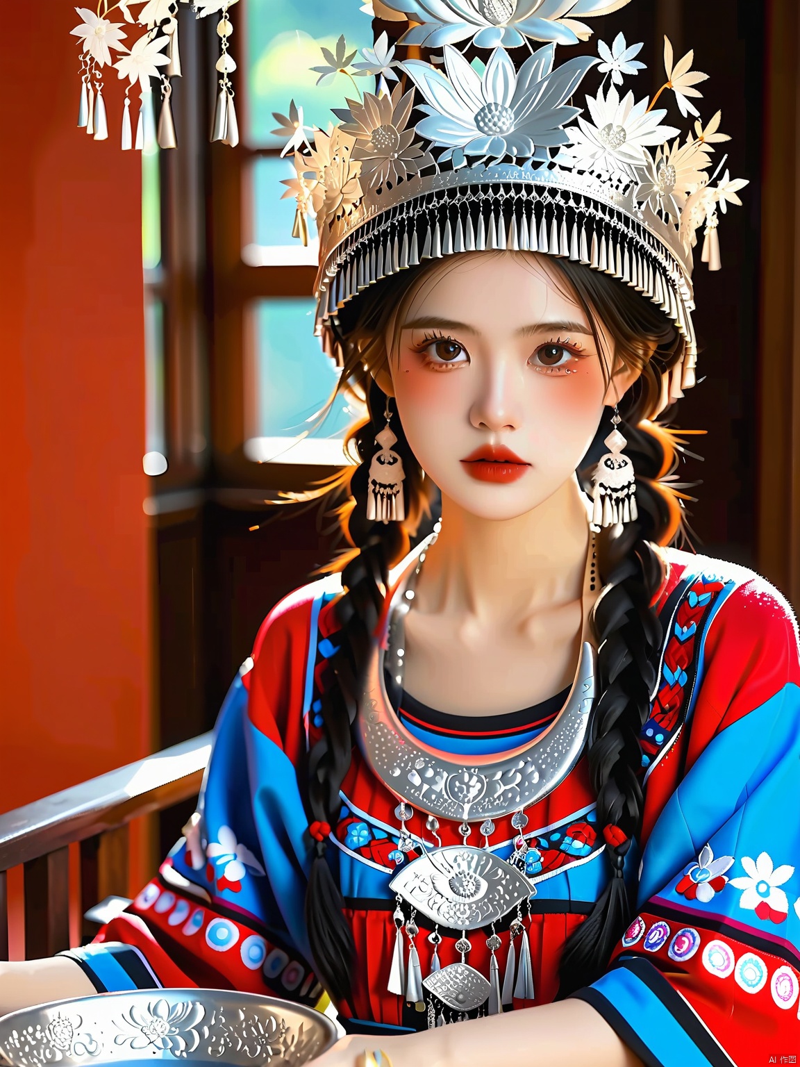 MZNH, A Miao girl, dressed in her traditional attire, donning an ornate silver tiara, delicate necklaces in silver and blue, a dress with blue and red embroidery, her skin delicate and luminous, lips a striking crimson, braids flowing like a waterfall, weaving a basket in her home.