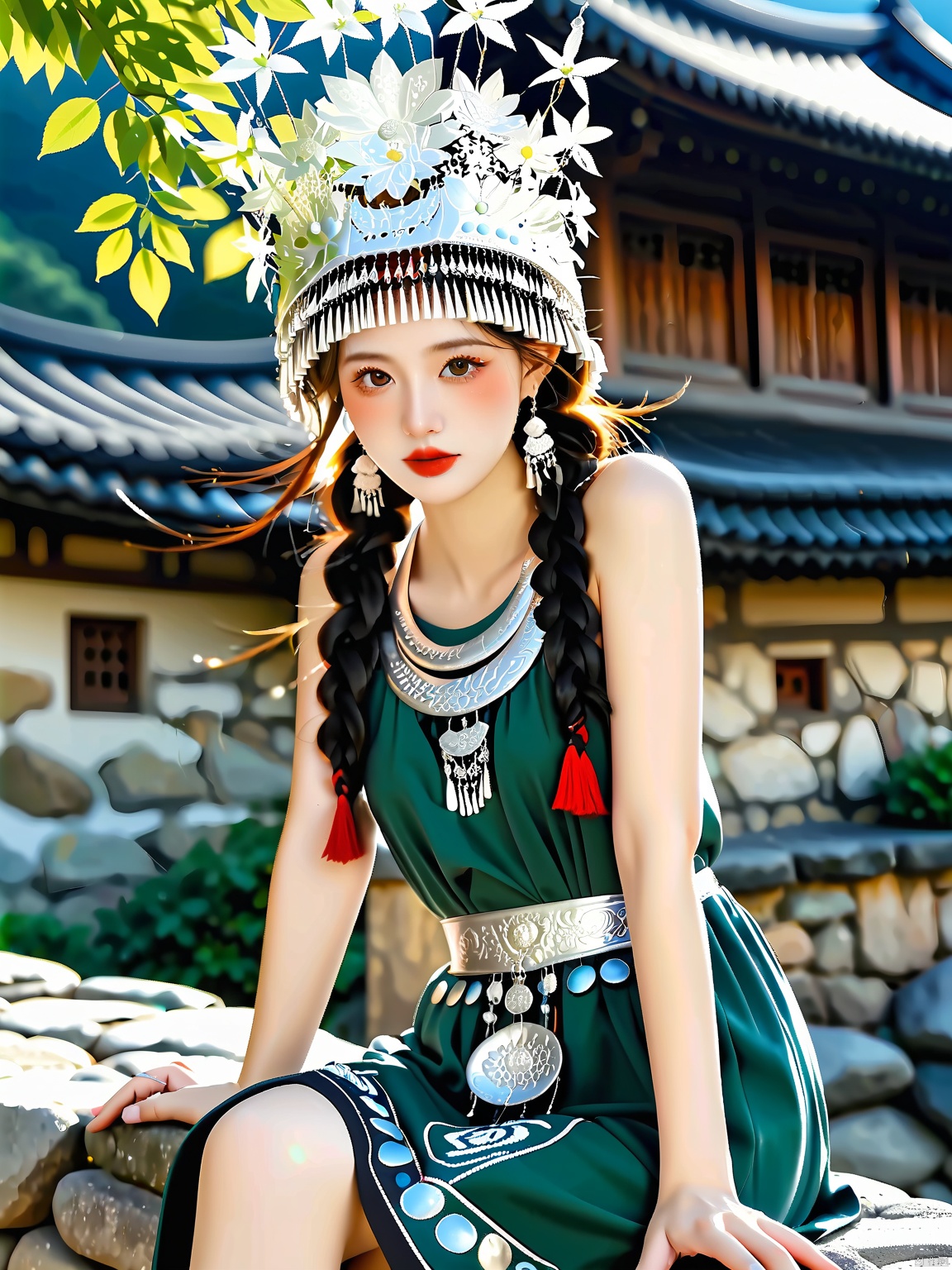 MZNH, By the ancient stone walls of her village, a Miao girl wears a serene sage green and silver outfit, her ornate silver headdress gleaming under the afternoon sun, intricate sage green and silver jewelry adorning her, a flowing sage green dress caressing her legs, her pale skin and red lips glowing, her braided hair catching the light, the scene softly illuminated.