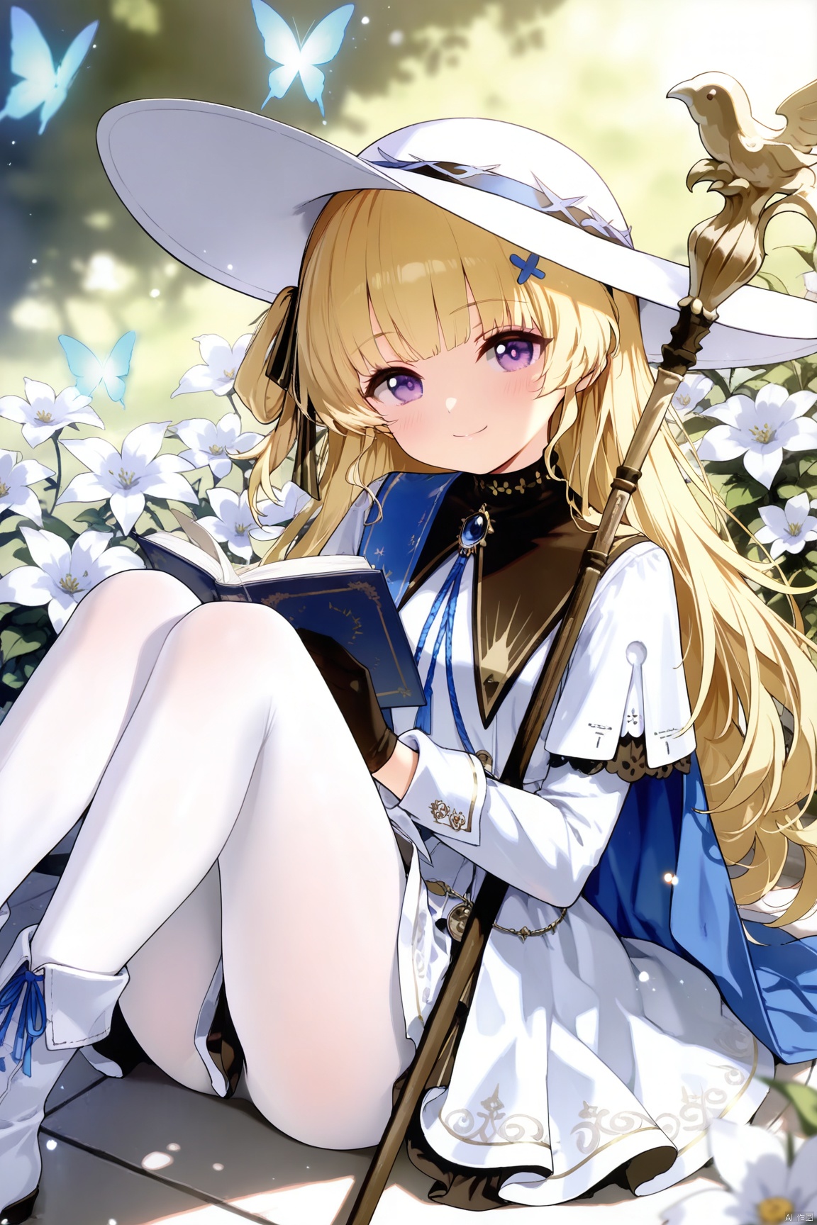 good work, (best quality), illustration, depth of field, (color),masterpiece,best quality,petite,cute,loli, kawaii,1girl, solo, long hair, looking at viewer, smile, bangs, blonde hair, hair ornament, gloves, long sleeves, hat, dress, ribbon, holding, sitting, closed mouth, purple eyes, flower, pantyhose, boots, black gloves, cape, white dress, book, feet out of frame, white headwear, white footwear, bug, white flower, staff, butterfly, knees up, holding book, white pantyhose, open book, holding staff, candle,phoebe