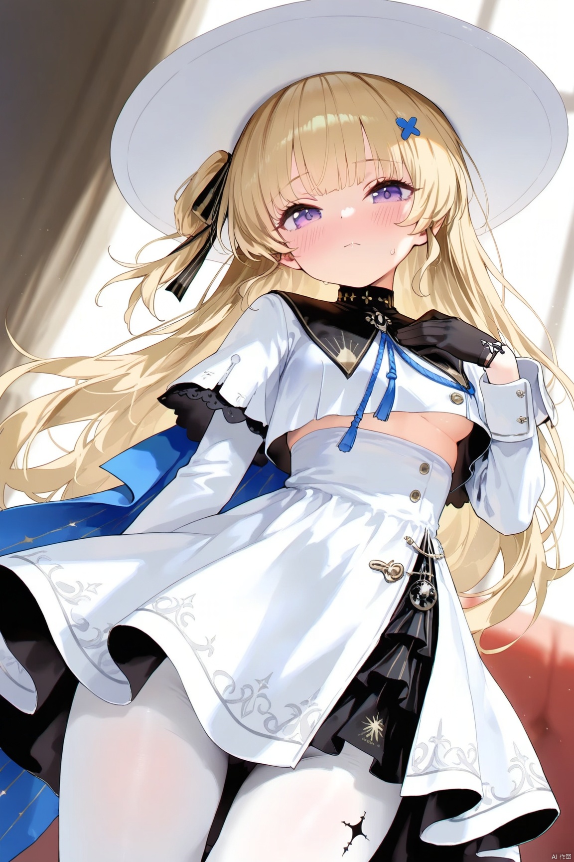 good work, (best quality), illustration, depth of field, (color),masterpiece,best quality,petite,cute,loli, kawaii,1girl, solo, long hair, breasts, looking at viewer, blush, bangs, blonde hair, hair ornament, gloves, long sleeves, hat, dress, closed mouth, purple eyes, black gloves, white dress, underboob, white headwear, hand on own chest,white pantyhose,waist,leg Tattoos,phoebe