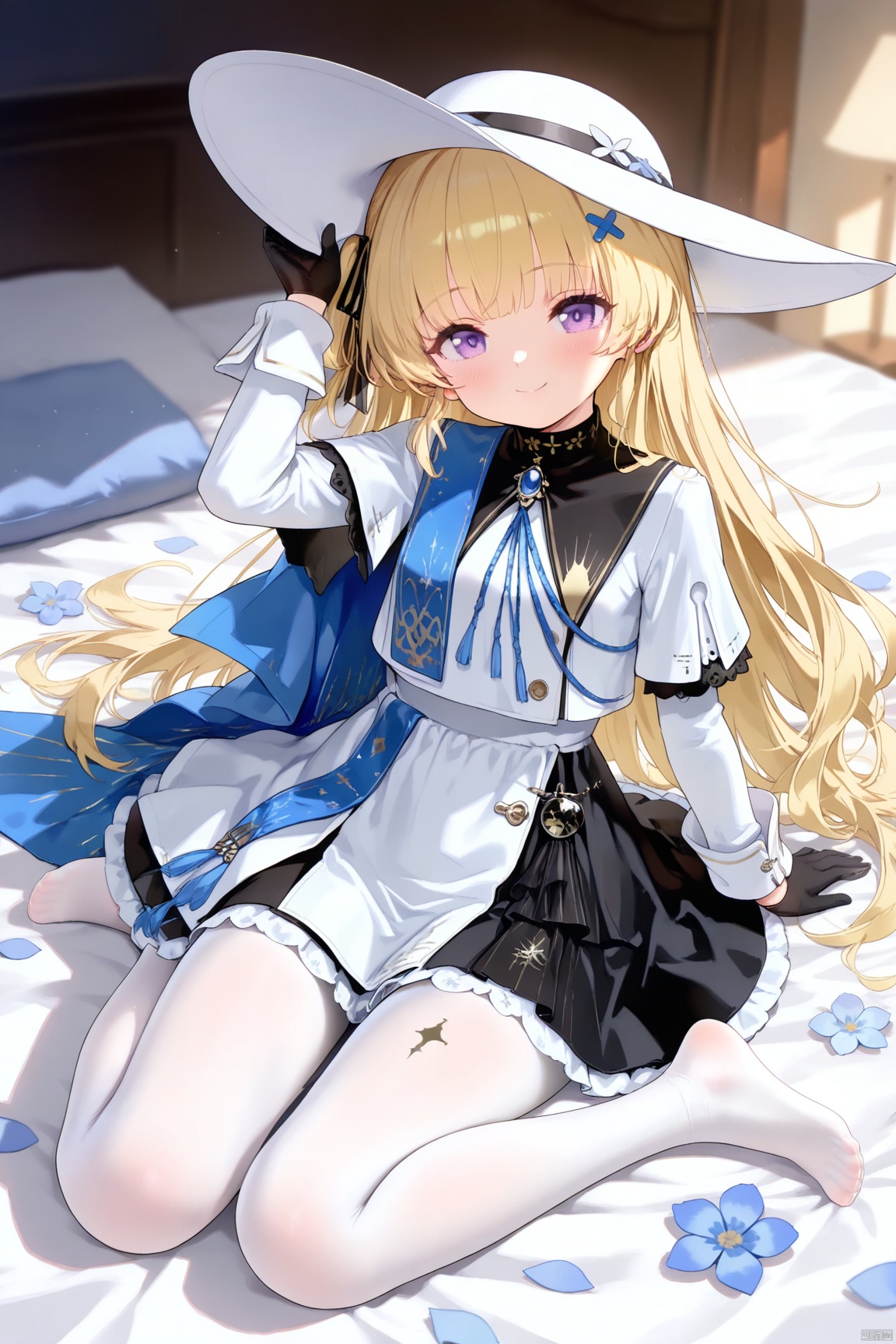 good work, (best quality), illustration, depth of field, (color),masterpiece,best quality,petite,cute,loli, kawaii,1girl, solo, long hair, looking at viewer, smile, bangs, skirt, blonde hair, hair ornament, gloves, long sleeves, hat, dress, ribbon, holding, sitting, purple eyes, jacket, full body, flower, pantyhose, black gloves, black skirt, white dress, feet, white headwear, no shoes, white jacket, white pantyhose, hand on headwear,phoebe,leg Tattoos,waist