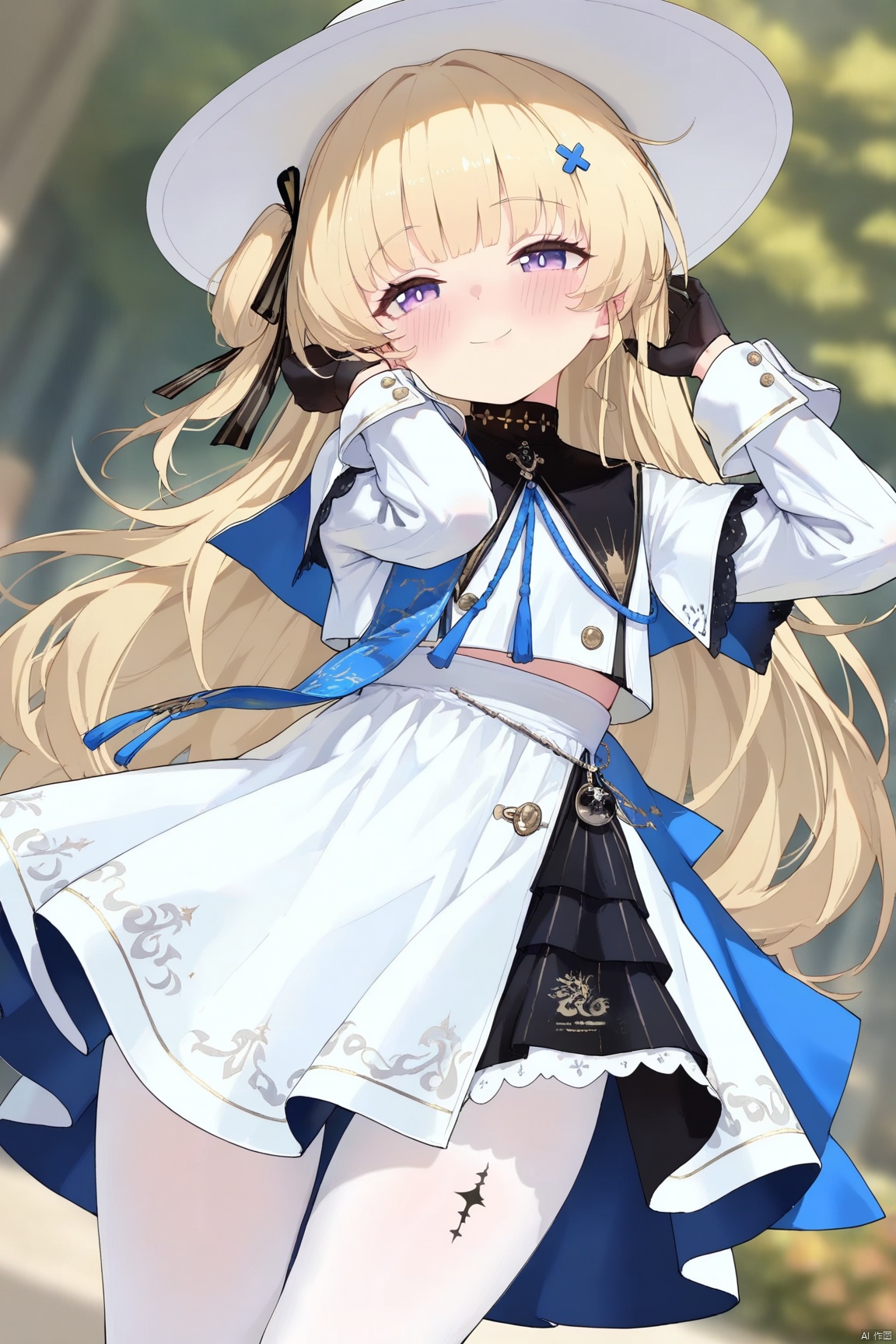 good work, (best quality), illustration, depth of field, (color),masterpiece,best quality,petite,cute,loli, kawaii,1girl,solo,long hair,blush,smile,bangs,blonde hair ,hair ornament,gloves,long sleeves,hat,verylong hair,purple eyes,white dress,white pantyhose,waist,leg Tattoos,phoebe