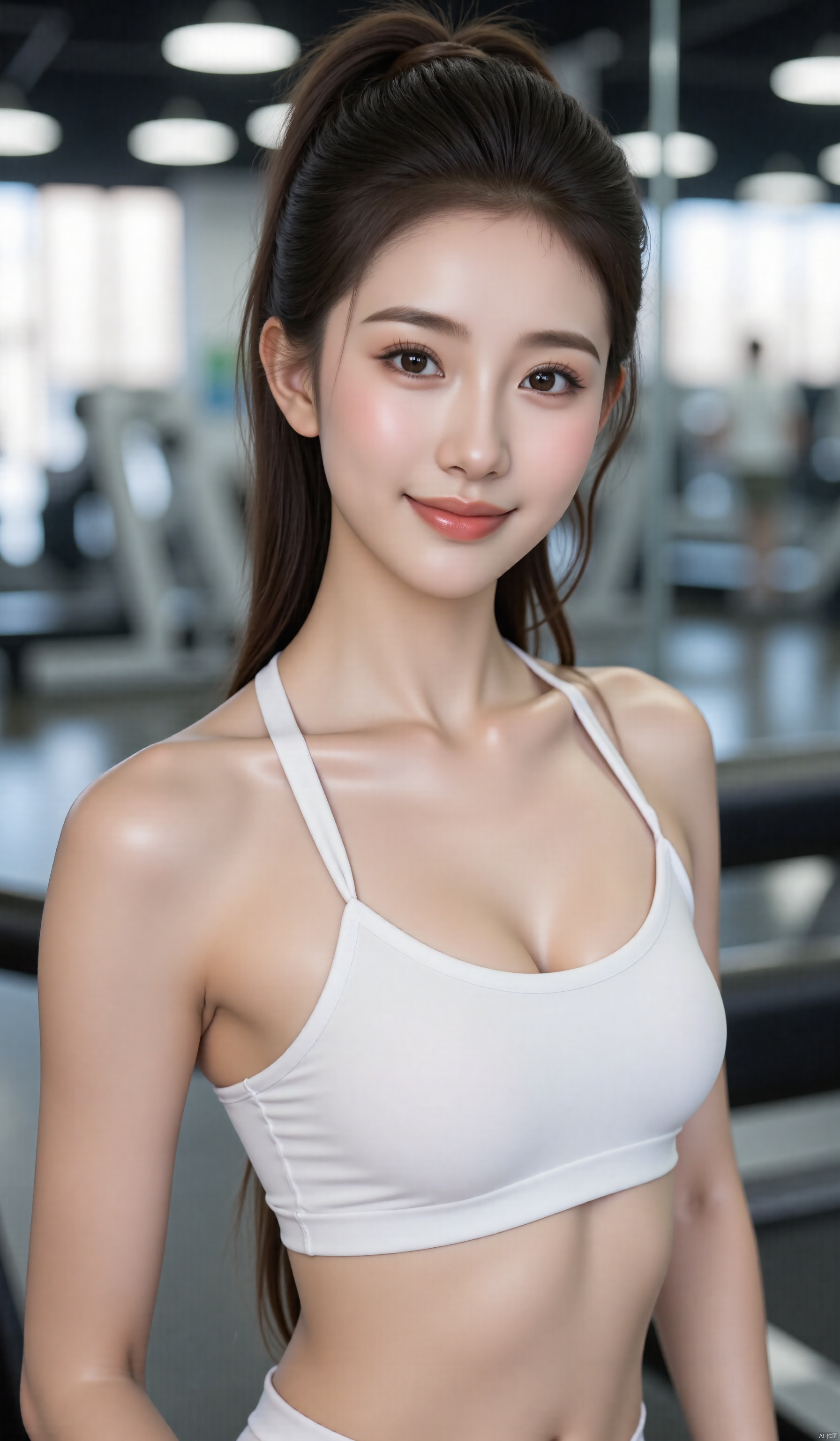 A beautiful girl with long hair, ponytail, big breasts, face facing the viewer, upper body photography, high ponytail,pure white  sports vest, shoulderless sports camisole, wet fair skin, water on the body, sweat drops, Shiny skin, sweat on skin, gym background, standing on treadmill, wet body, bright indoor light, realistic light and shadow, professional composition