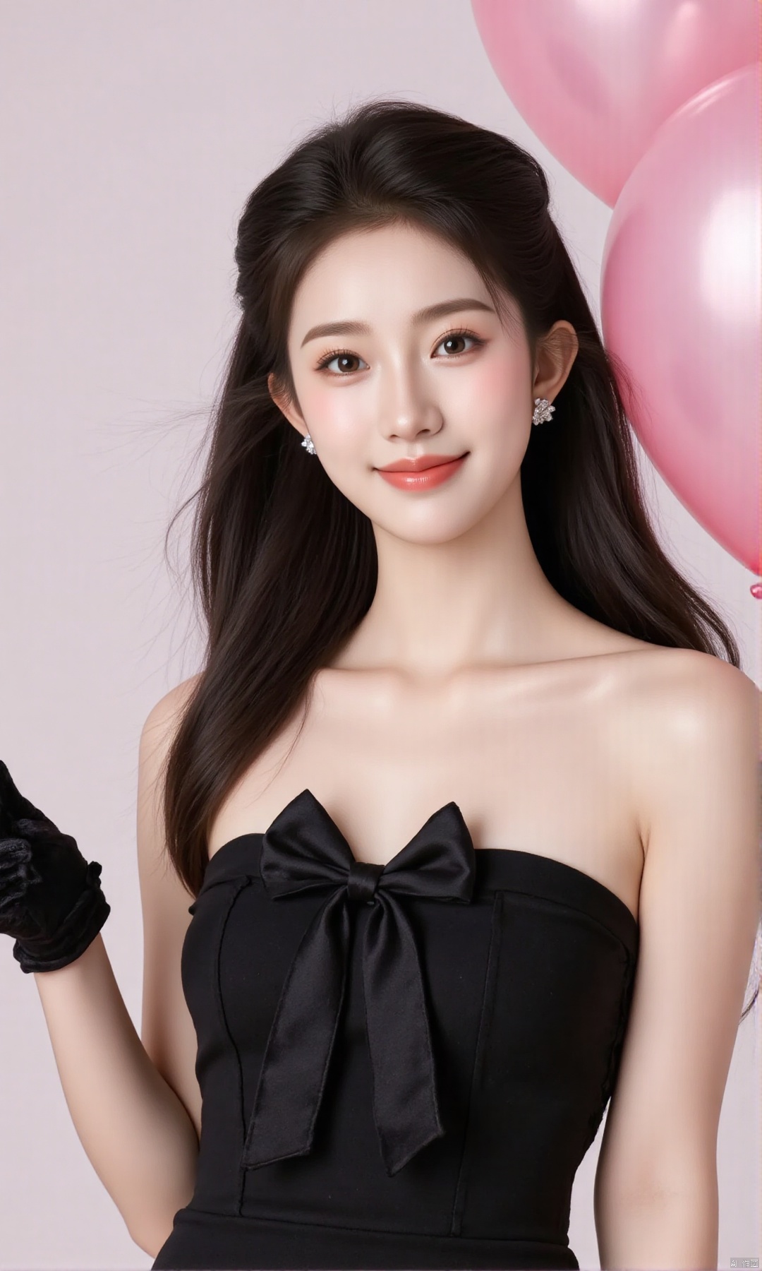 Realistic photo, 1girl, solo, long hair, looking at viewer, smile, simple background, black hair, gloves, dress, bow, bare shoulders, jewelry, collarbone, earrings, black gloves, artist name, black eyes, black dress, lips, strapless, strapless dress, realistic, balloon, heart balloon