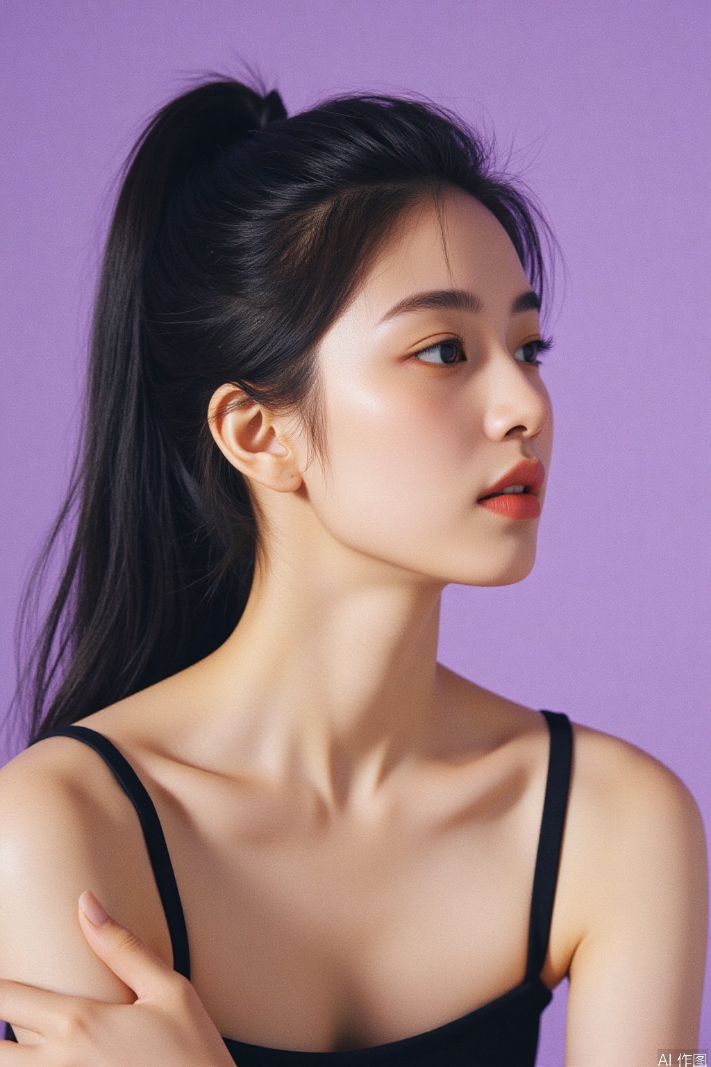 photo of Asian female supermodel,natural light,film grain,simple white background, purple background