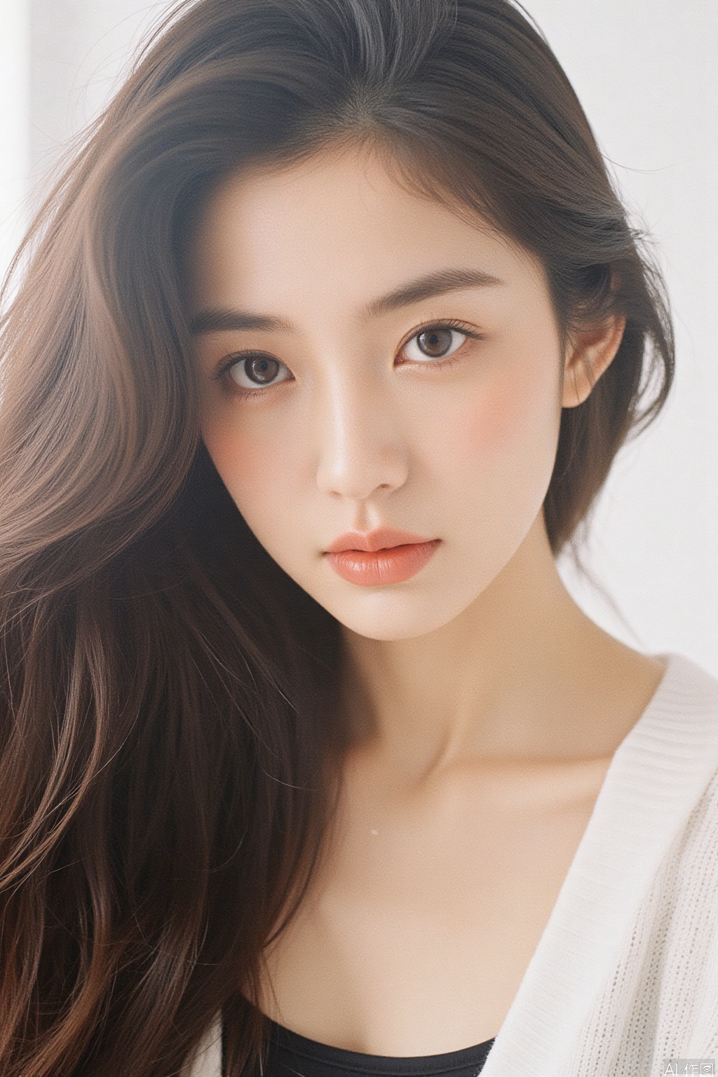photo of Asian female supermodel,natural light,film grain,simple white background,