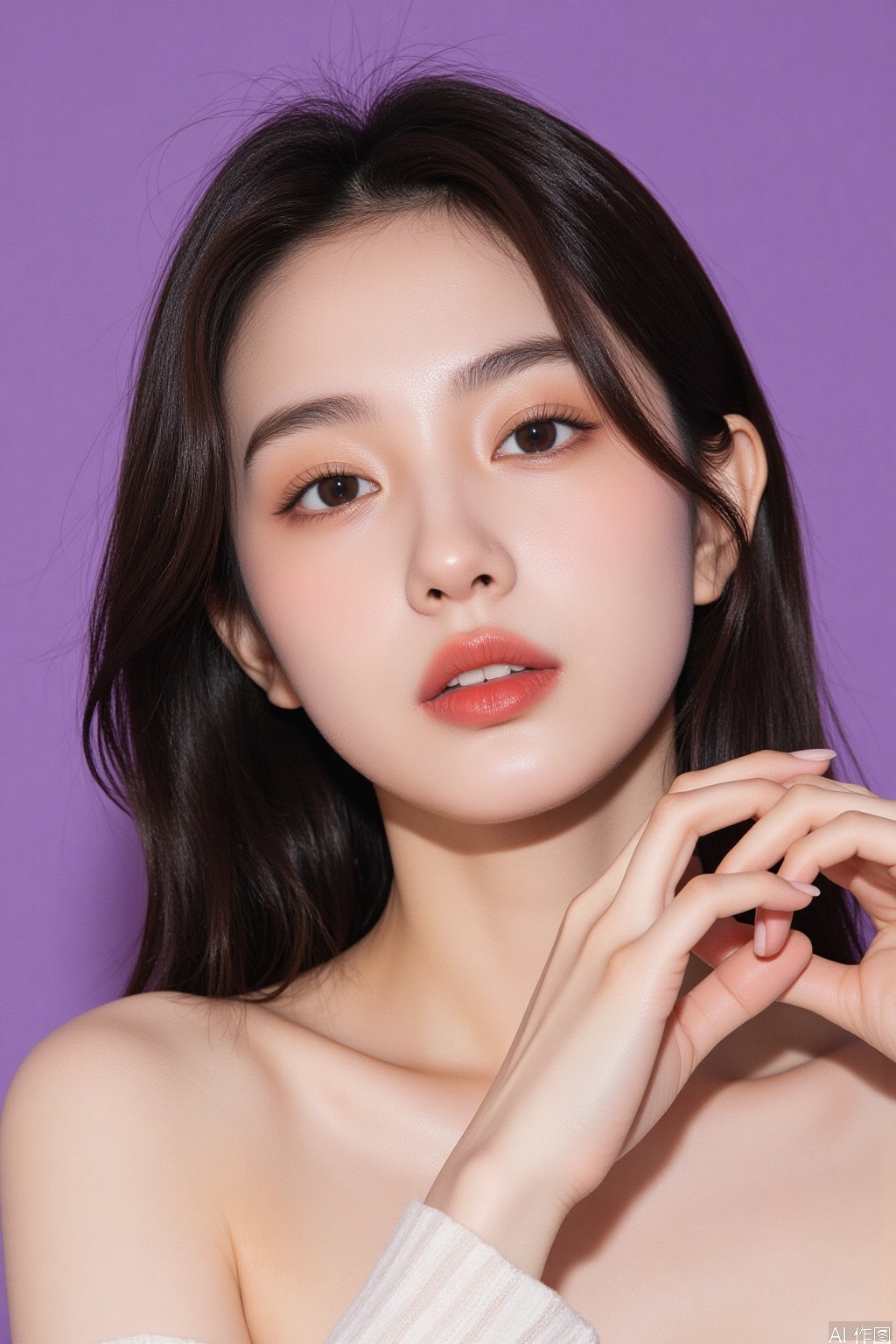A very beautiful Asian woman with golden ratio facial features, fair and soft skin, perfect figure, single eyelids, purple background