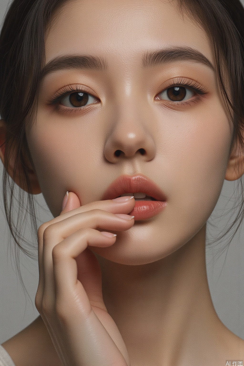 A close-up portrait photo a young woman with striking features,