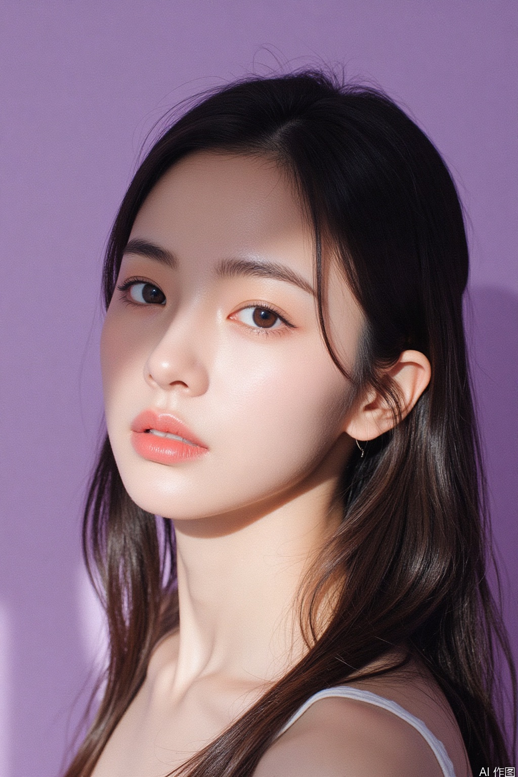 photo of Asian female supermodel,natural light,film grain,simple white background, purple background